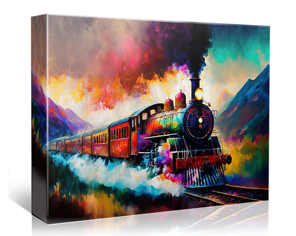 A vibrant, colorful painting depicting a steam locomotive train traveling through a mountainous landscape, with dramatic clouds and smoke billowing from the train's smokestack.
