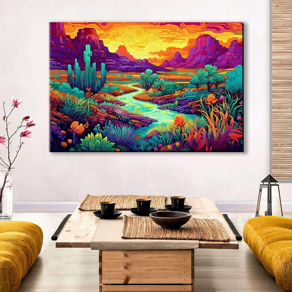 Neon Desert Canvas - Vibrant Southwest Wall Art | Phad Style Painting on Large Canvas