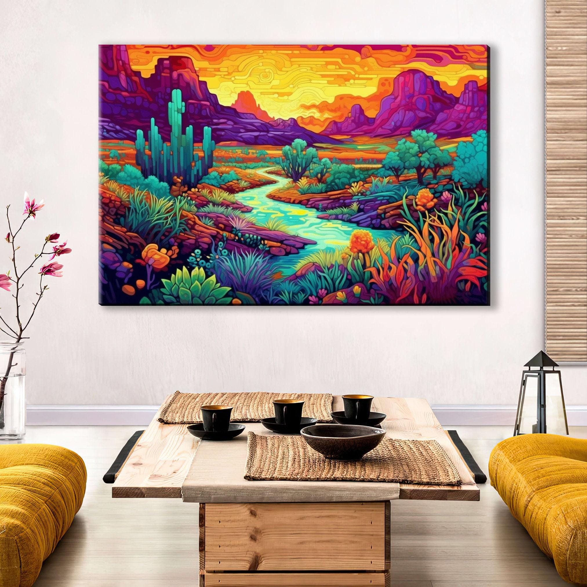 Neon Desert Canvas - Vibrant Southwest Wall Art | Phad Style Painting on Large Canvas