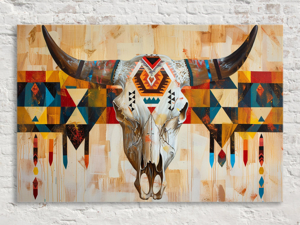 Tribal Cow Skull Art - Native Longhorn Canvas | Large Gallery Wrapped Wall Decor