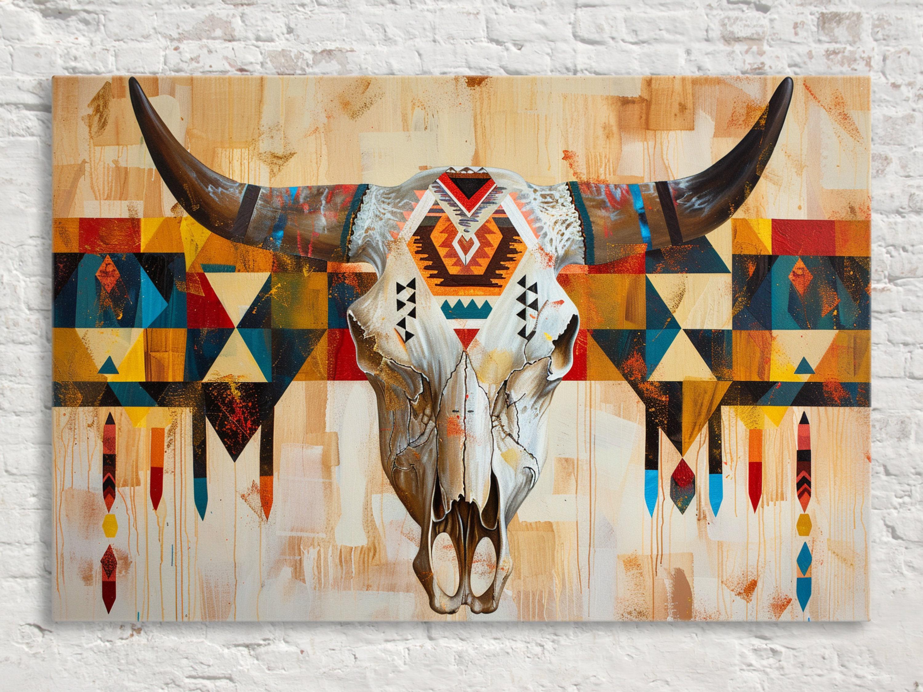 Tribal Cow Skull Art - Native Longhorn Canvas | Large Gallery Wrapped Wall Decor