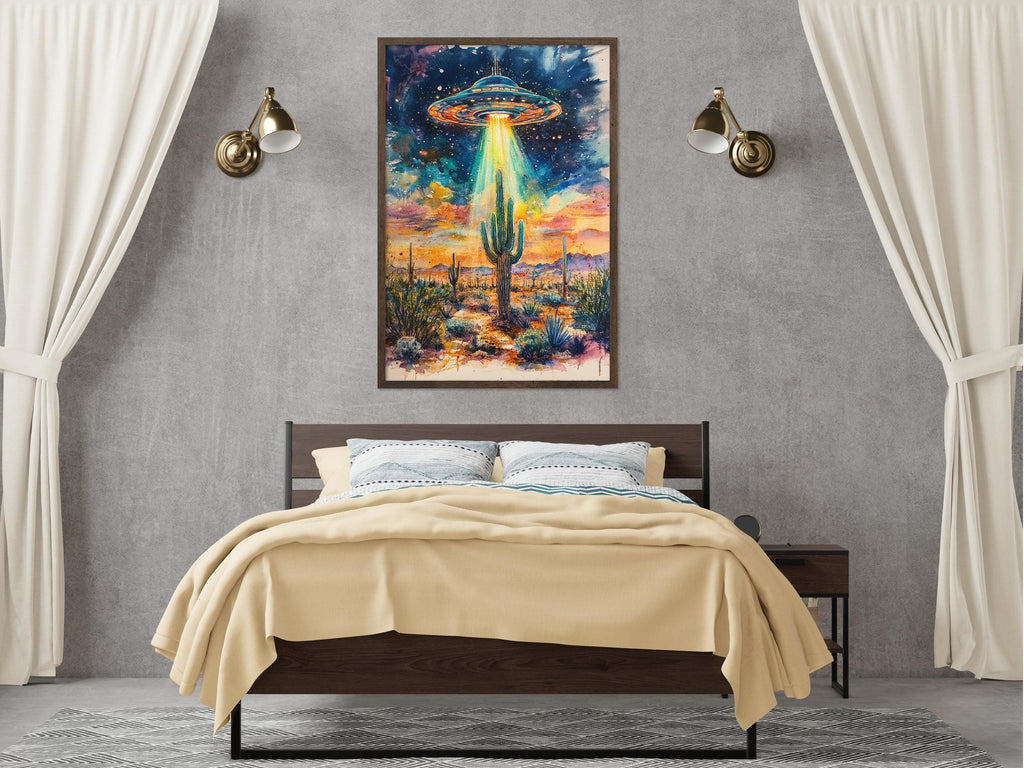 a bedroom with a large bed, a nightstand, and a painting of an alien spacecraft hovering over a desert landscape.