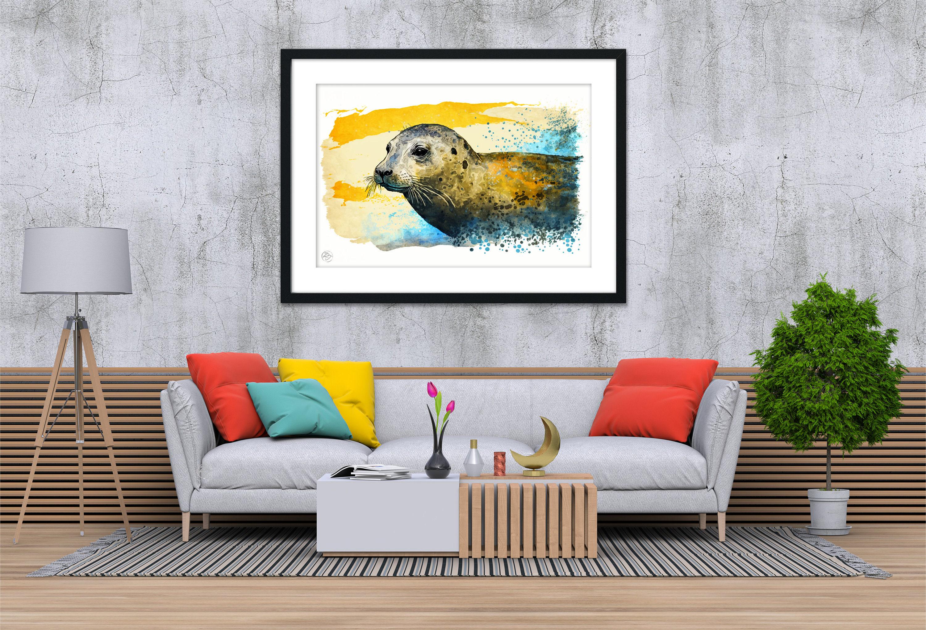 Coastal Guardian: Watercolor Seal Wall Art Print, Giclee Print on Canvas, Artist Paper, Watercolor Paper, Available in Extra Large Sizes