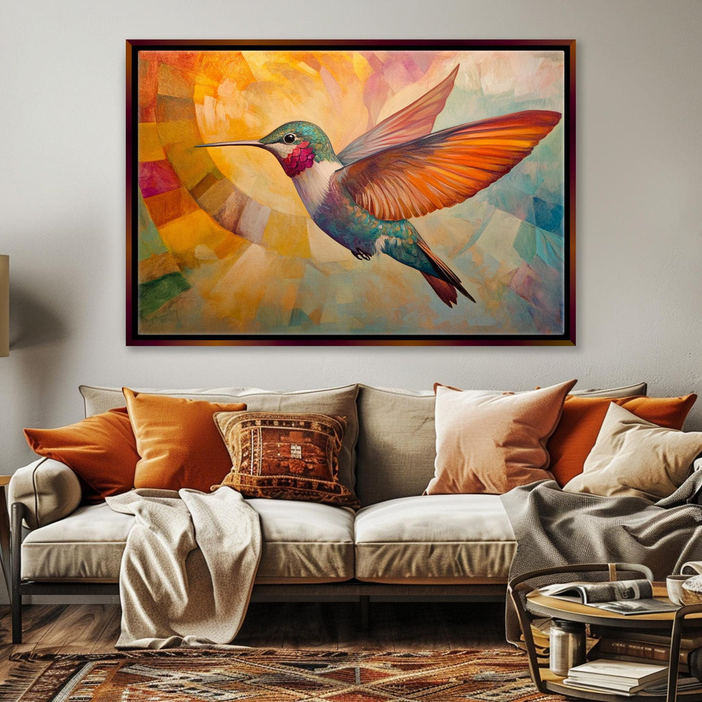 a living room with a couch and a painting on the wall
