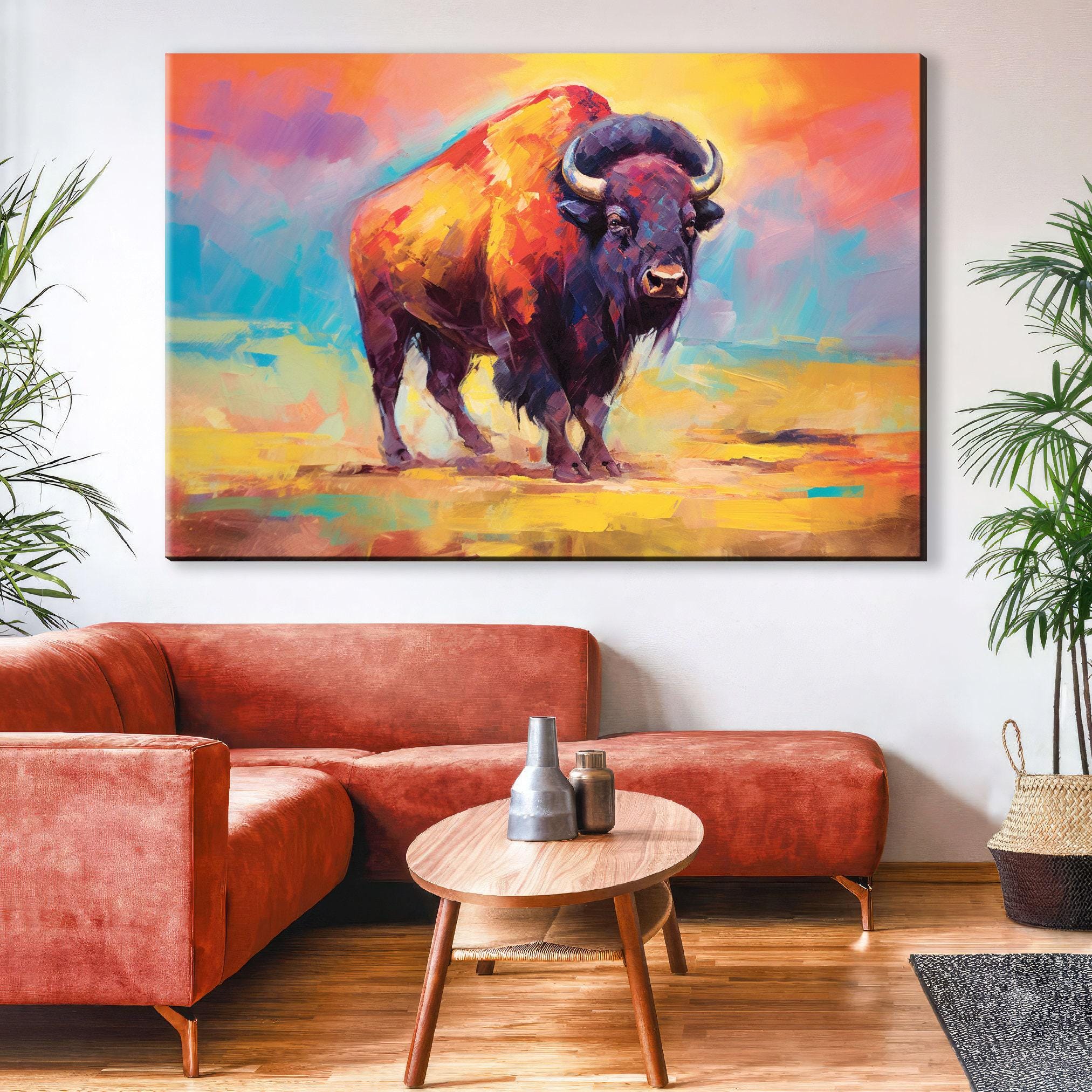 Buffalo Canvas Print | Colorful Bison Painting on Extra Large Gallery Wrapped Canvas