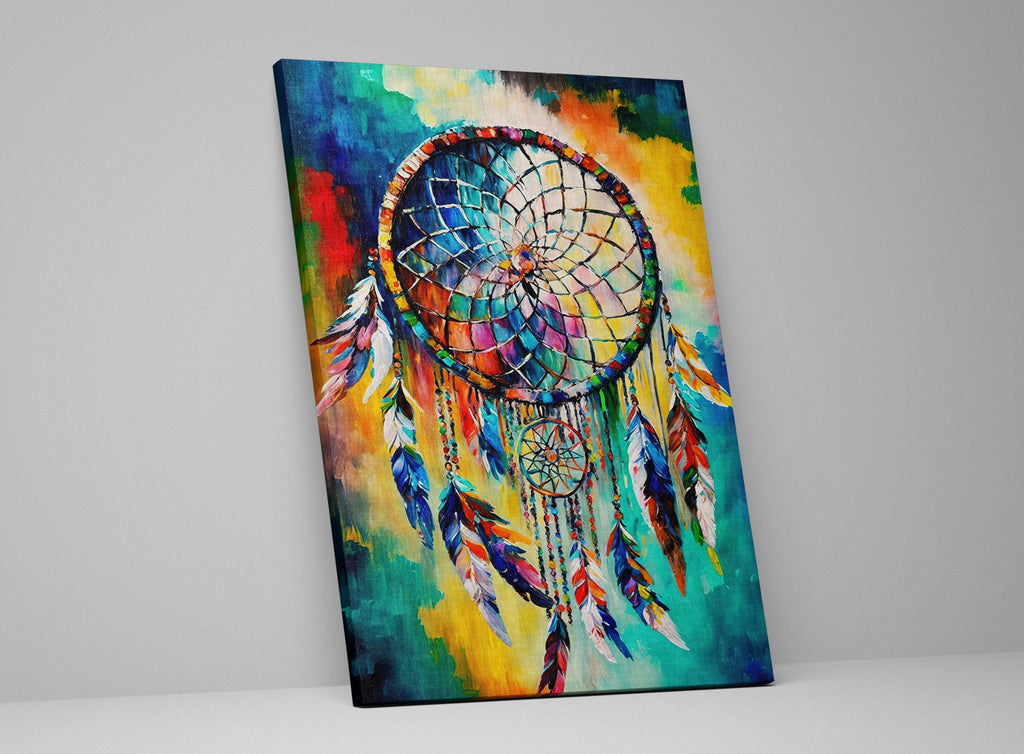 Dreamcatcher Art Print - Native American Canvas Wall Decor With Peacock Feather Art