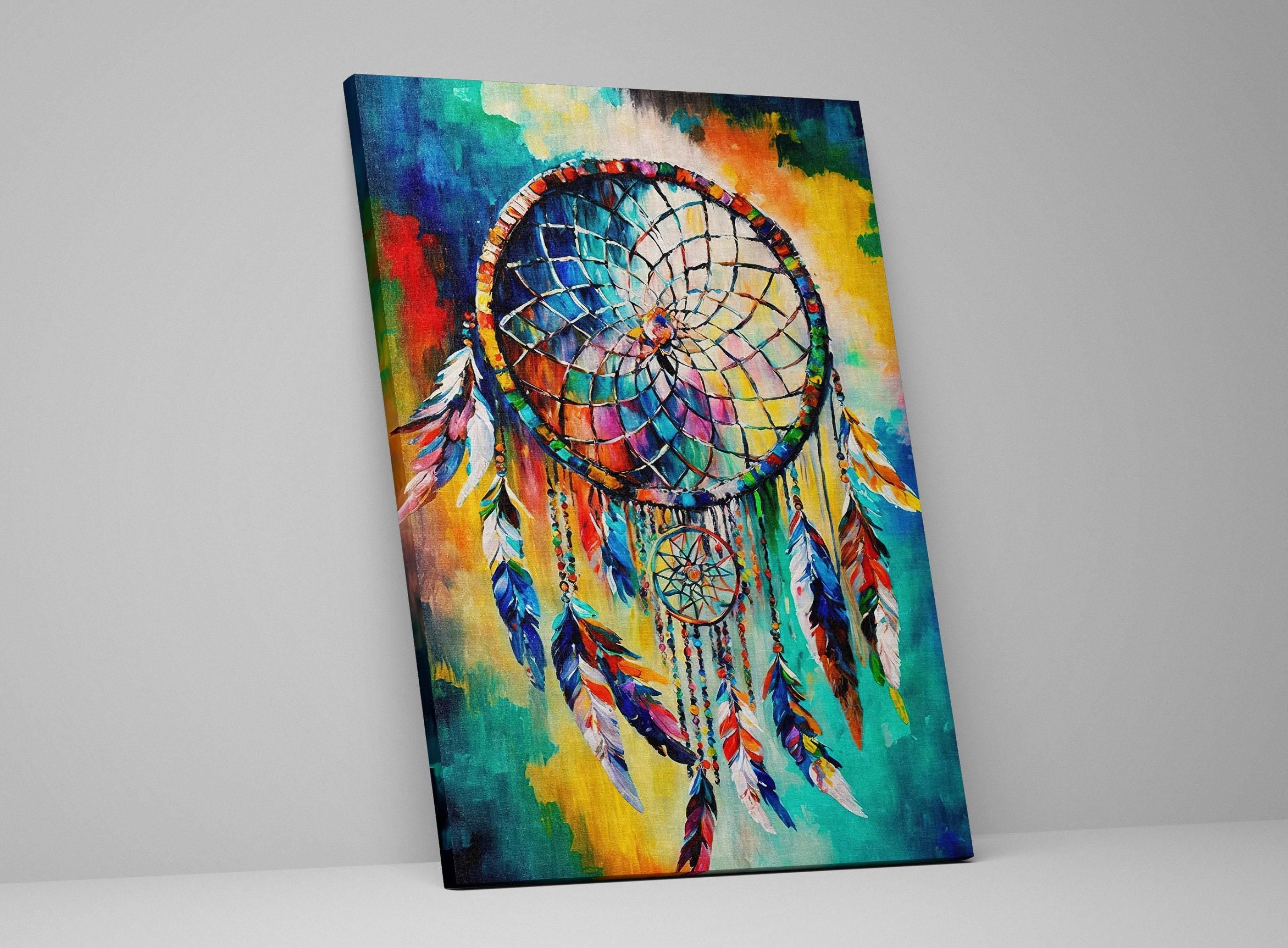 Dreamcatcher Art Print - Native American Canvas Wall Decor With Peacock Feather Art