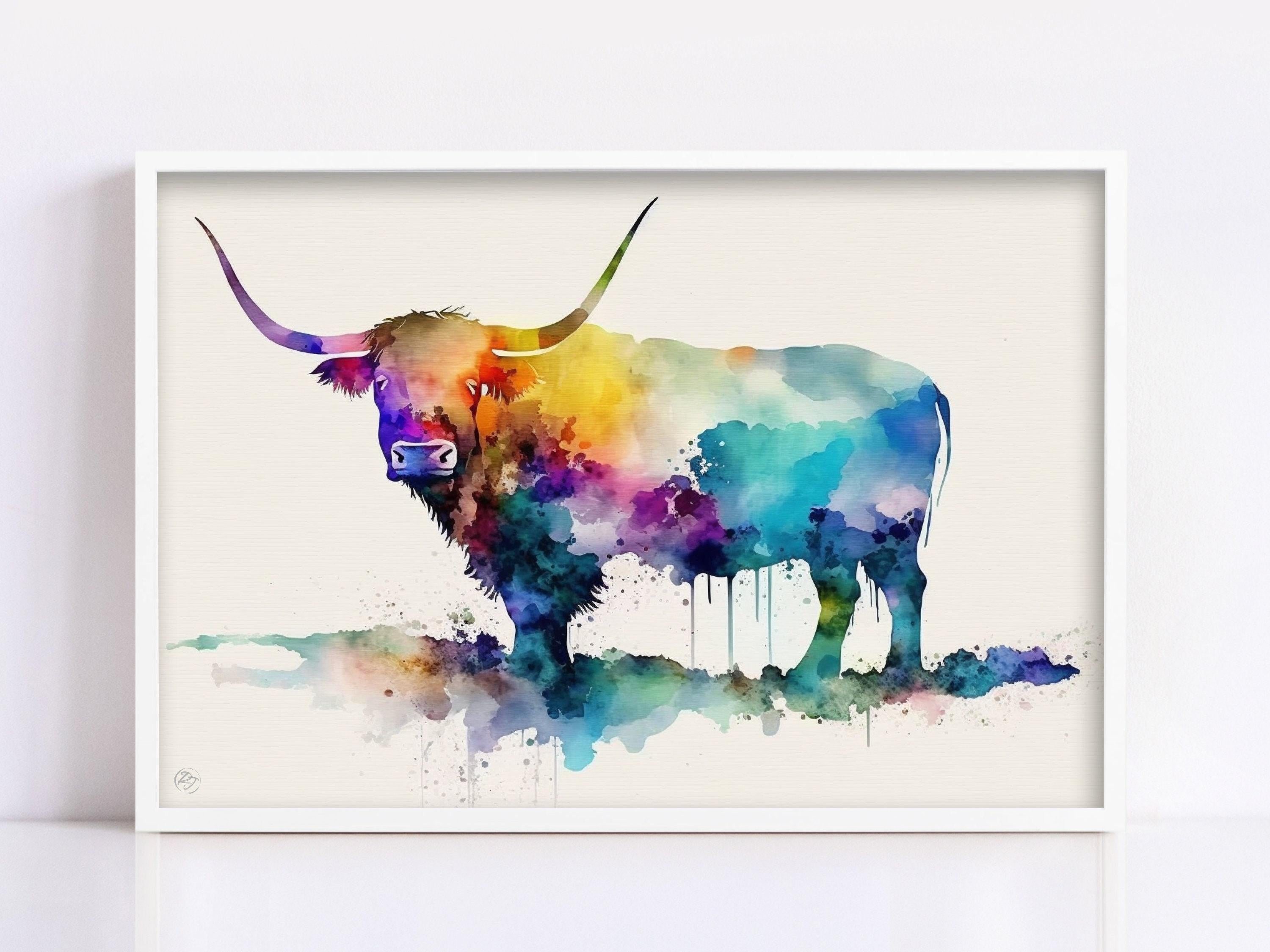 Nature's Charm: Highland Cow Watercolor Wall Art, Giclee Print on Canvas, Artist Paper, Watercolor Paper, Available in Extra Large Sizes
