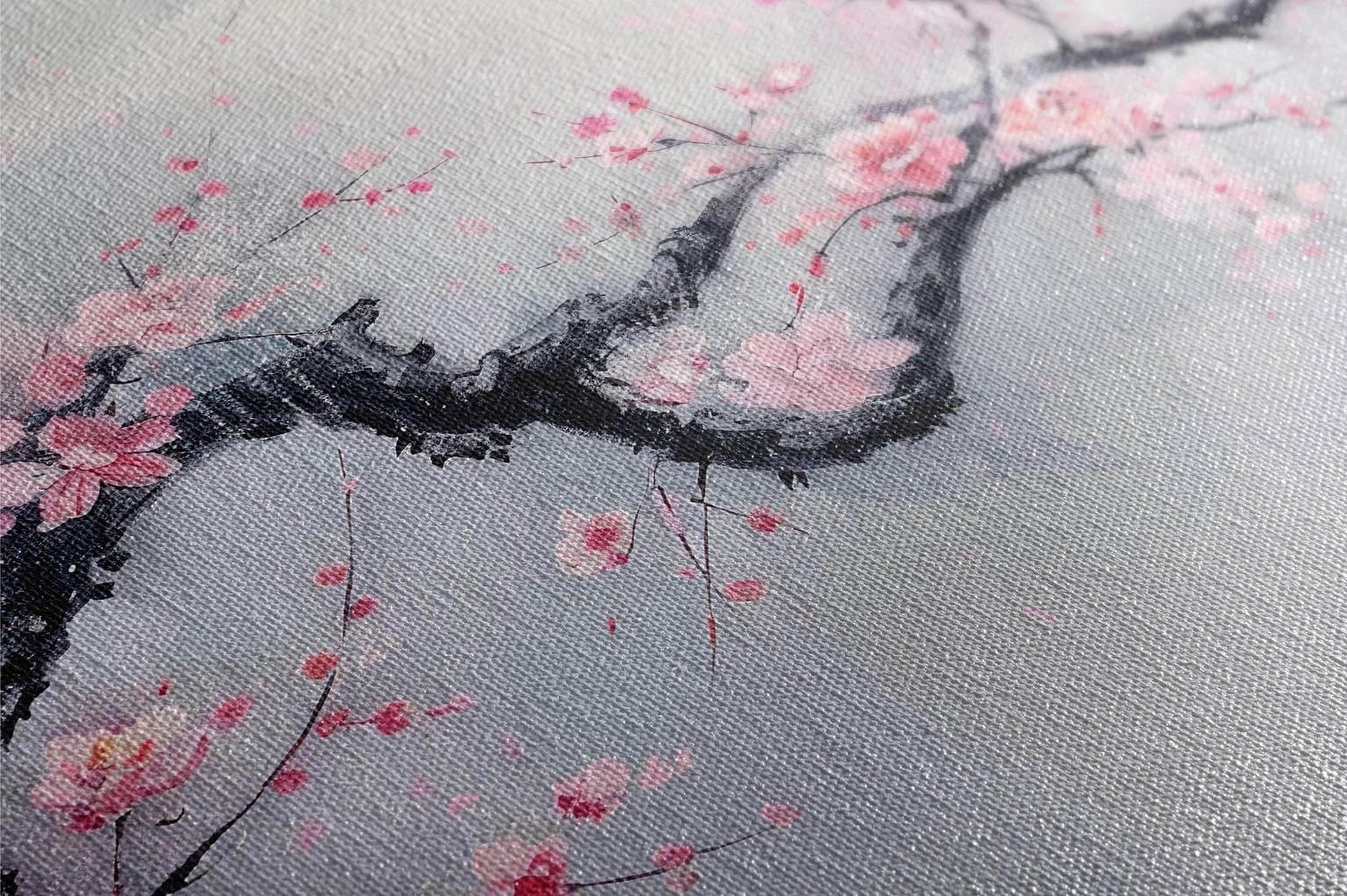 a close-up view of a branch with pink flowers, possibly cherry blossoms, against a gray background.