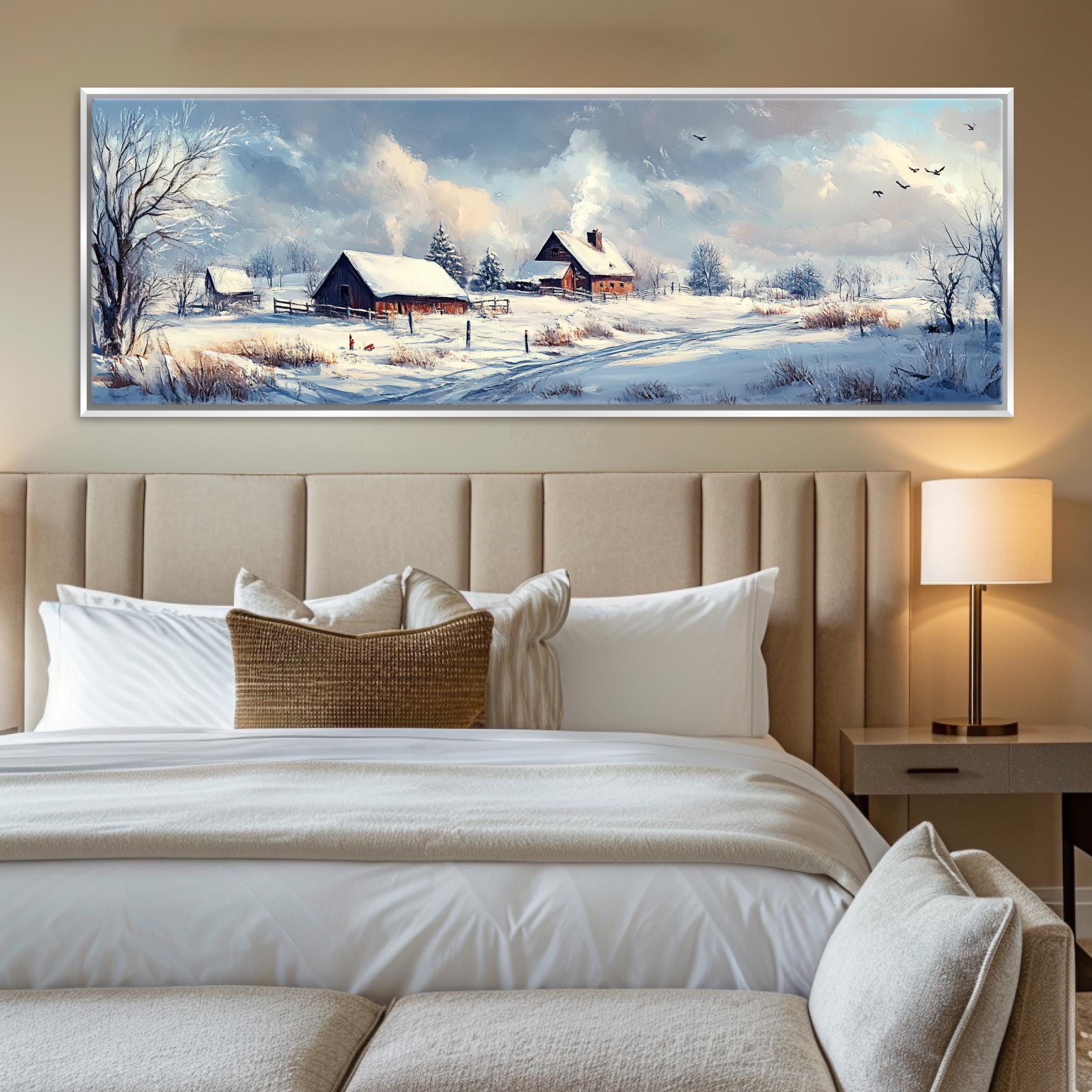 a bedroom with a large painting on the wall