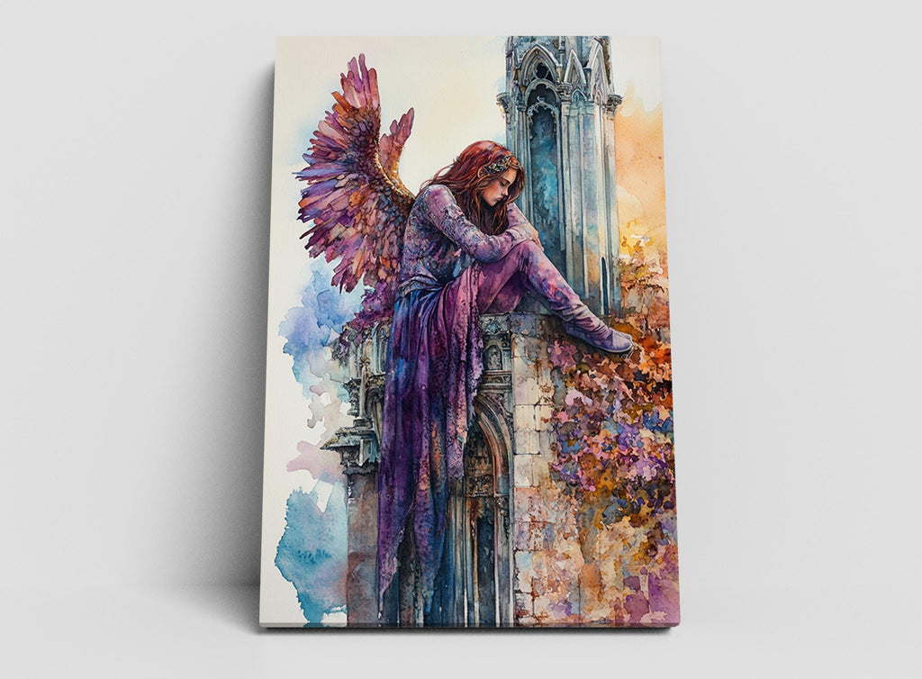 A watercolor painting depicting a woman with long red hair and a purple dress sitting on a stone wall, with a large winged figure behind her.