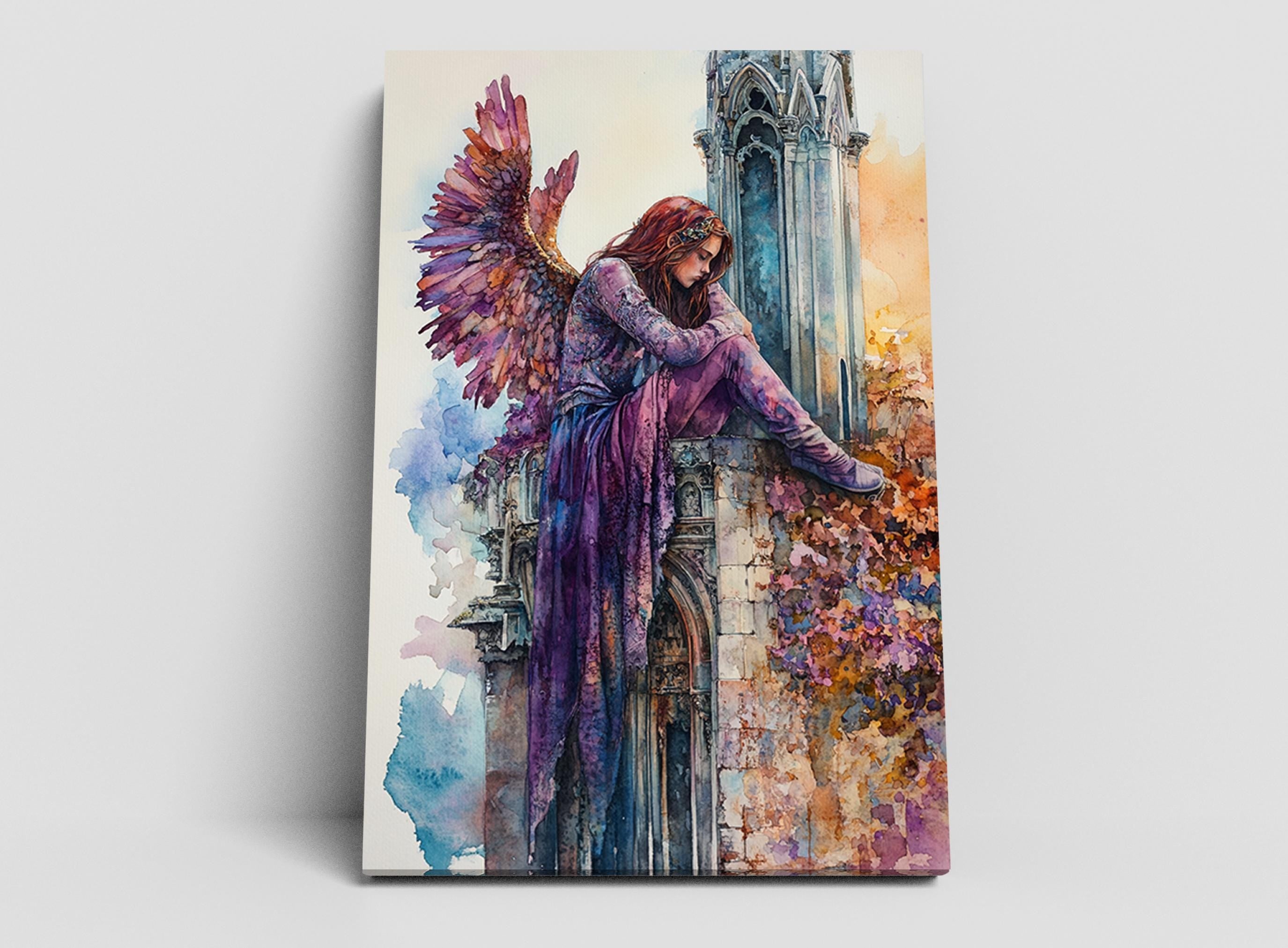 A watercolor painting depicting a woman with long red hair and a purple dress sitting on a stone wall, with a large winged figure behind her.