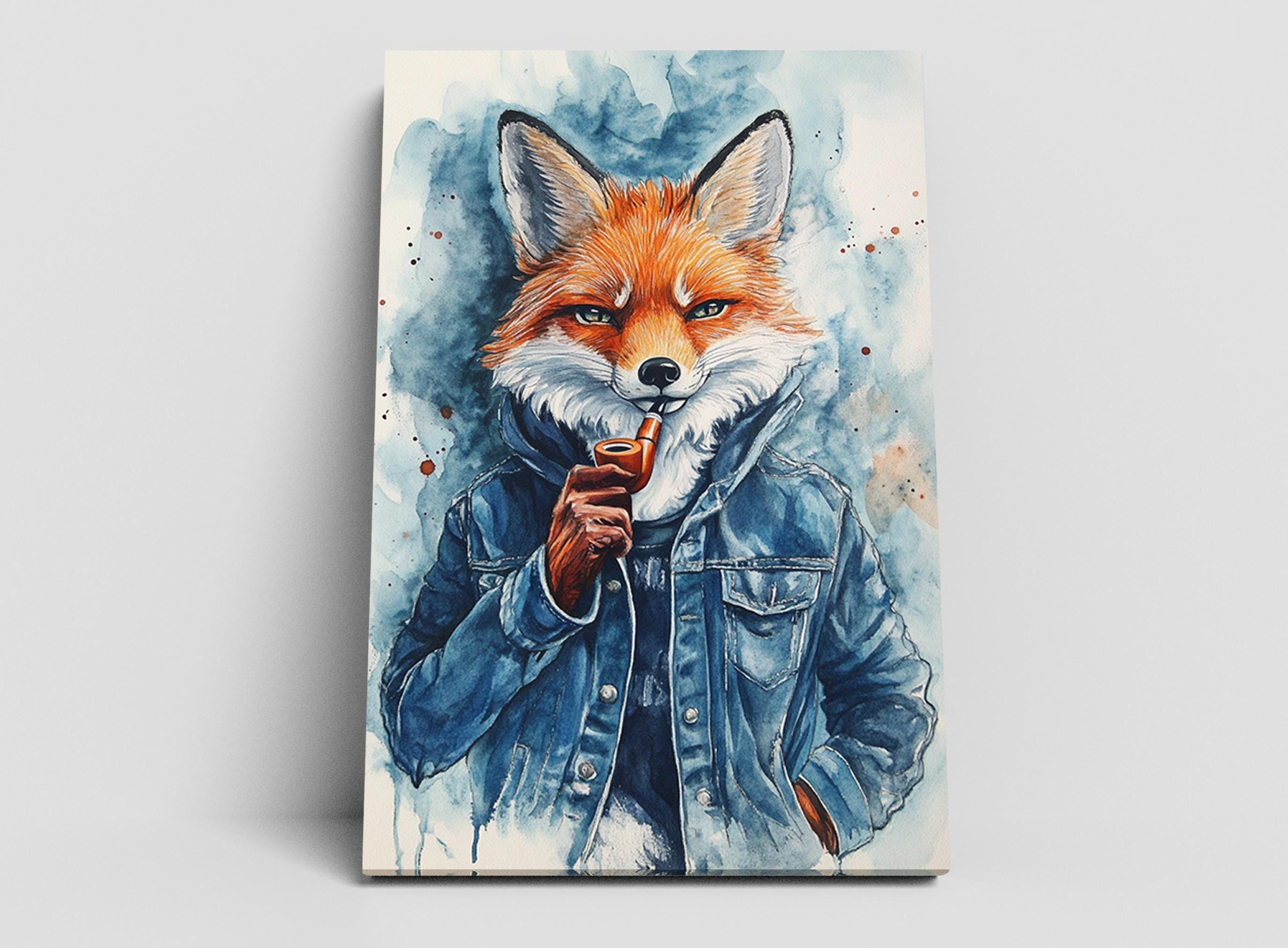 A painting of a fox wearing a denim jacket and holding a drink, with a watercolor background.