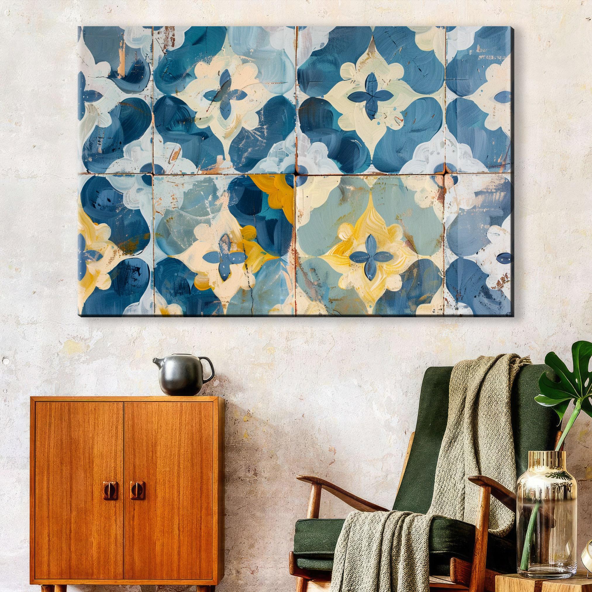 Farmhouse Wall Art – Blue Yellow Canvas Floral Tile Print on Gallery Wrapped Canvas
