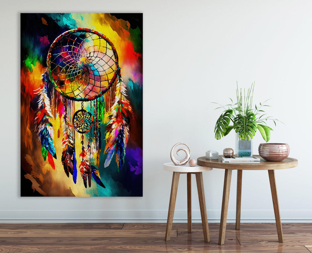 Dreamcatcher Art Print – Native American Canvas with Vibrant Peacock Design