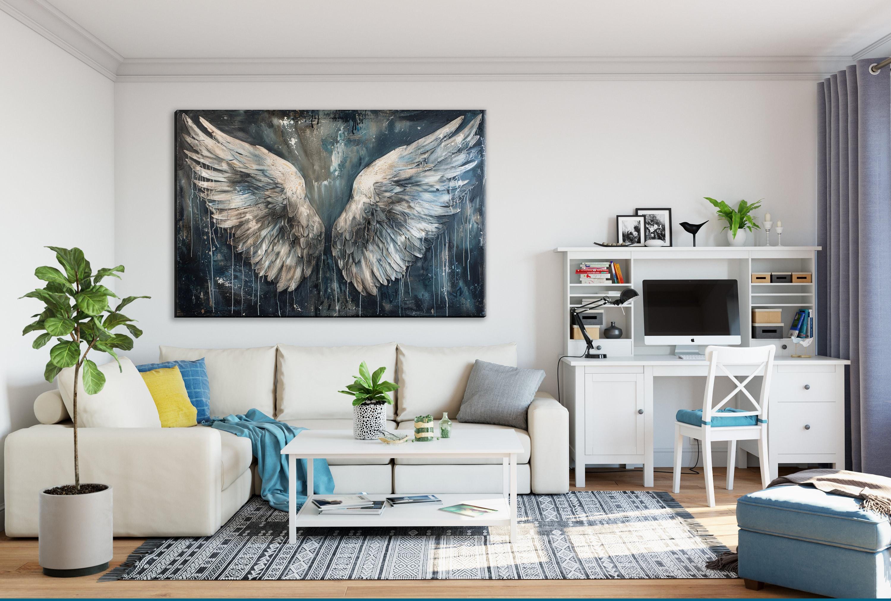 a modern living room with a large winged painting on the wall, a white sofa, a coffee table, a desk with a computer, and various decorative elements such as plants and books.