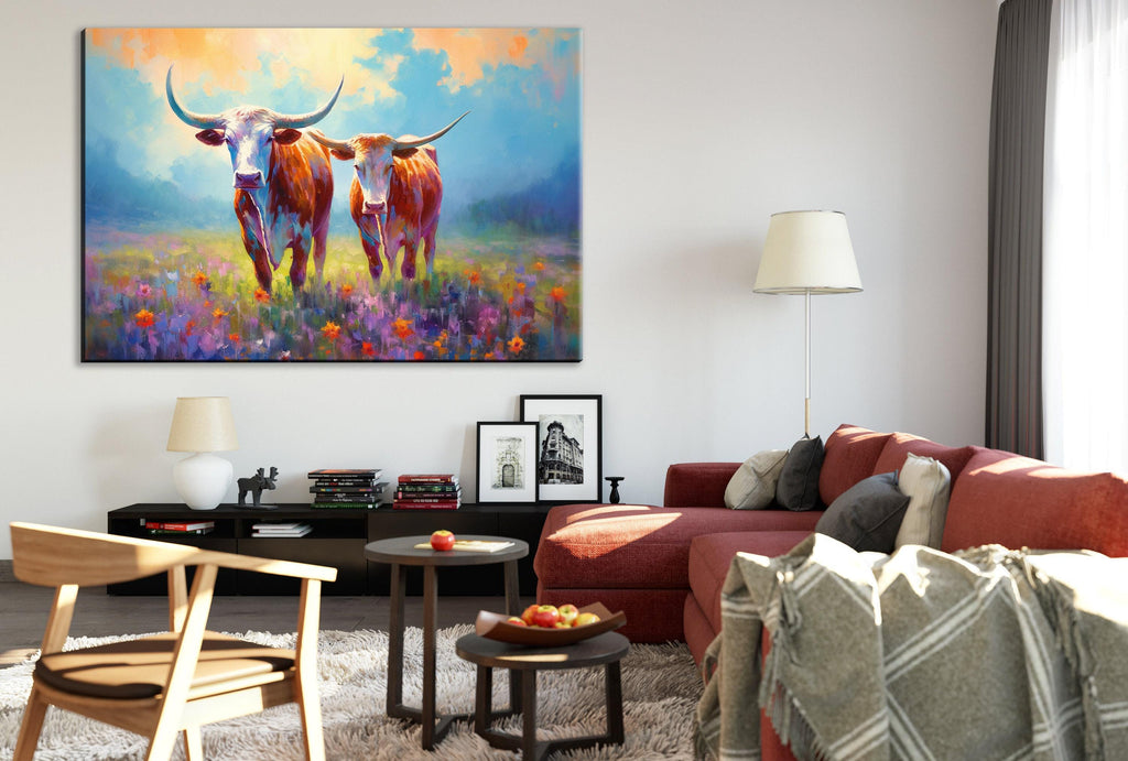 Texas Longhorn Wall Art - Large Canvas Art Print With Rustic Western Decor