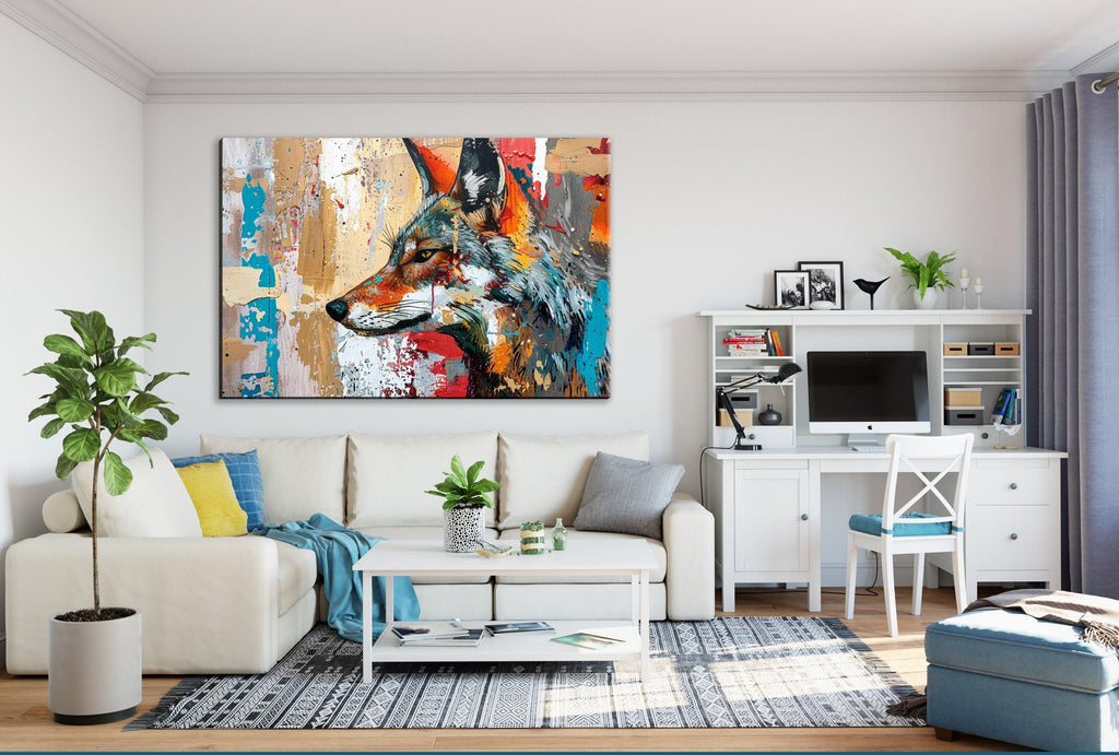 a modern living room with a large, colorful painting of a wolf's head on the wall. The room is furnished with a white sofa, a coffee table, and a desk with a computer setup. The room also features a large window, plants, and decorative elements such as vases and books.