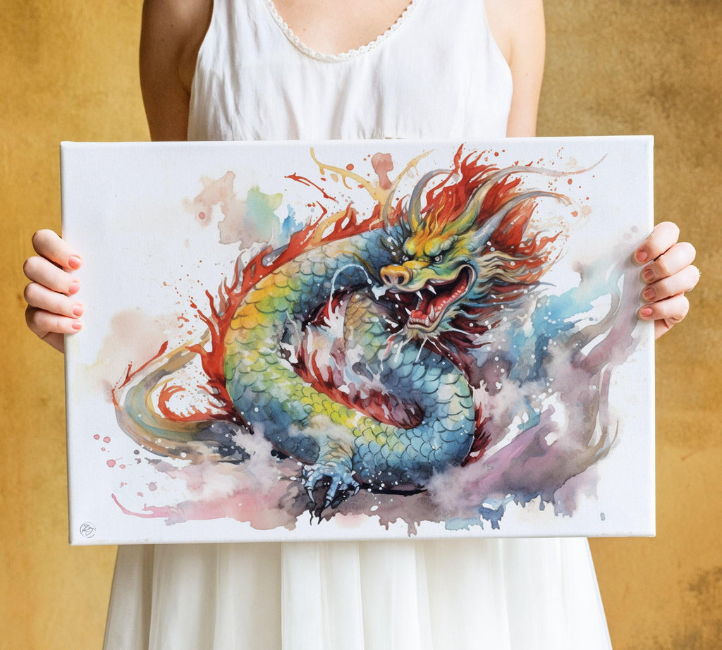 Dragon of Prosperity: Chinese Dragon Watercolor Art, Giclee Print on Canvas, Artist Paper, Watercolor Paper, Available in Extra Large Sizes