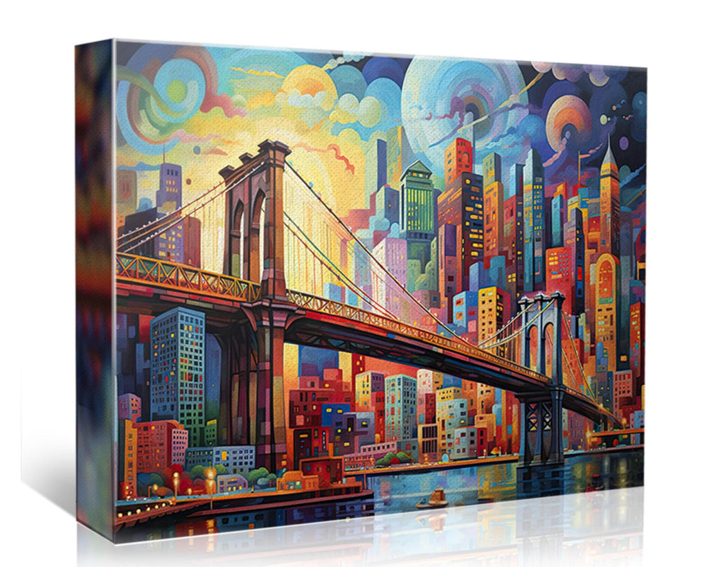 The image is a vibrant and colorful painting depicting a cityscape with a large bridge spanning across a river. The painting features a variety of buildings, skyscrapers, and other architectural elements, creating a lively and dynamic urban scene.
