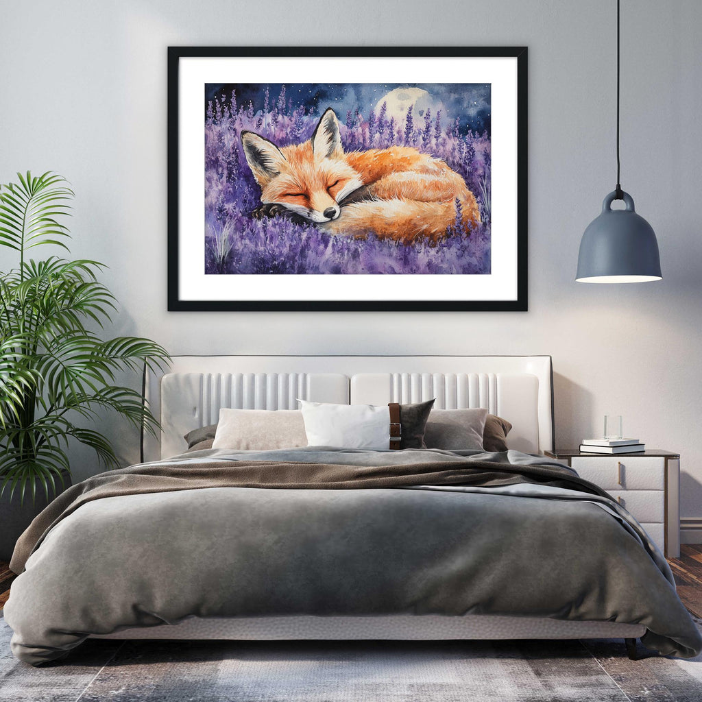 a bedroom with a large bed, a framed painting of a sleeping fox in a field of purple flowers, and a potted plant on the left side of the room.