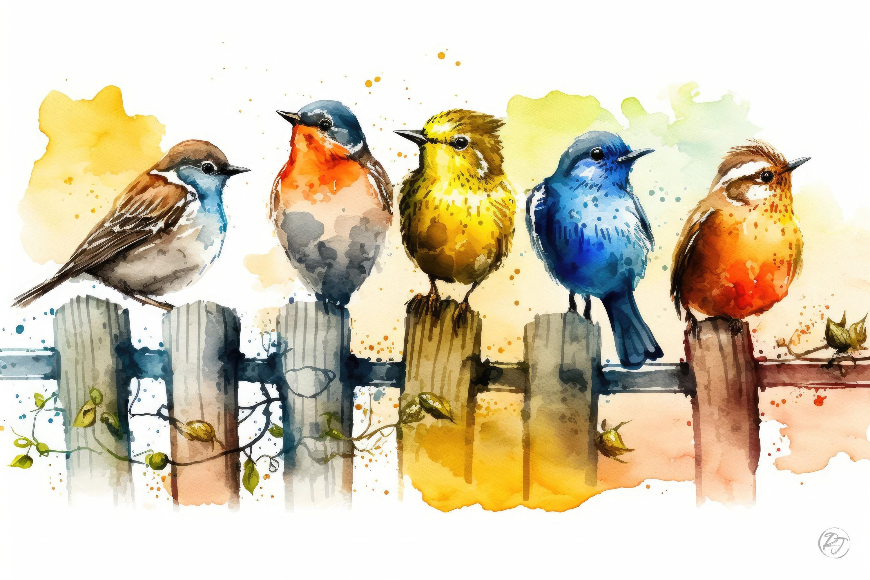 Birds Watercolor Art Print, Colorful Canvas Print, Nature Animals Framed Wall Art