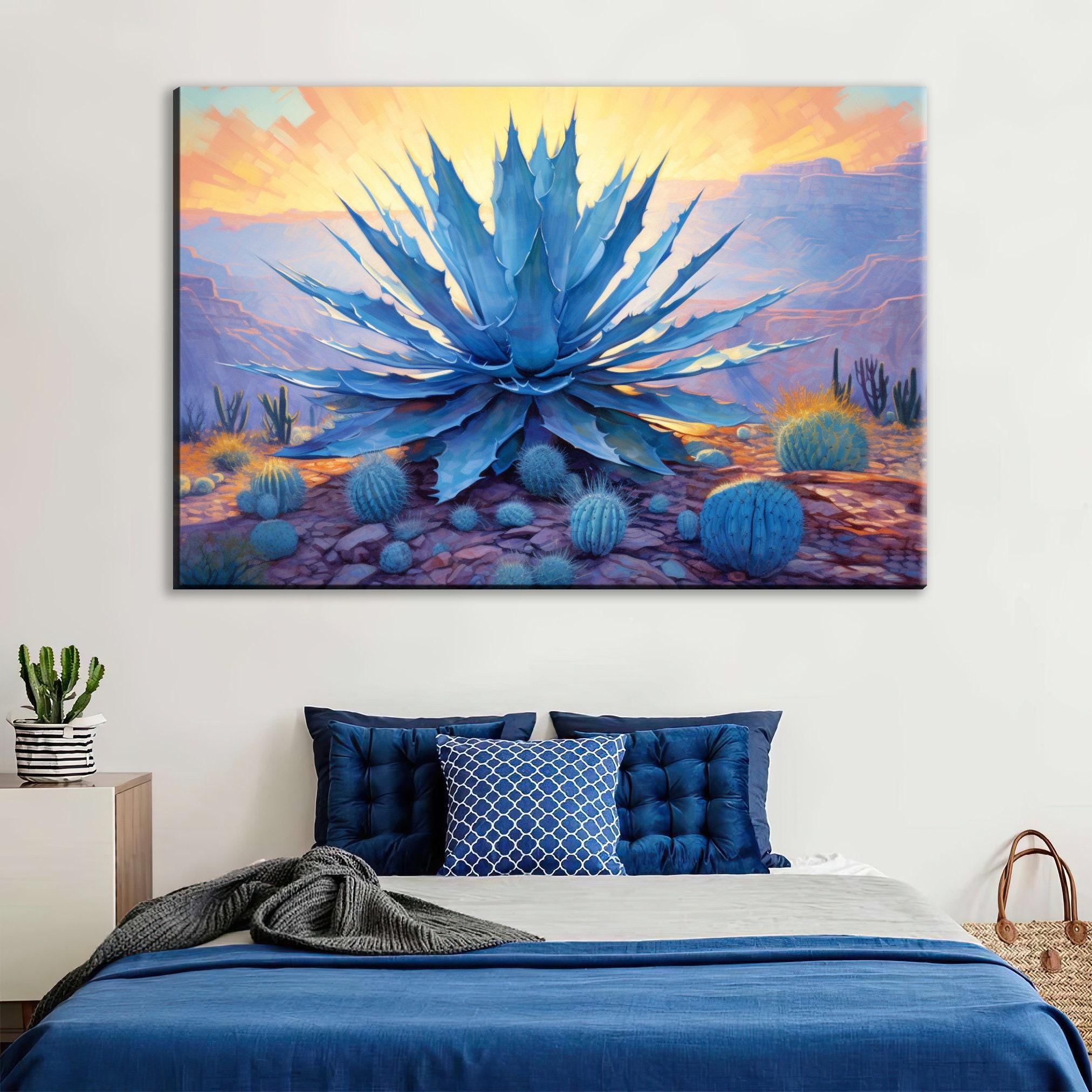 Desert Canvas Art – Southwest Agave Art with Blue Agave Painting & Barrel Cactus Print