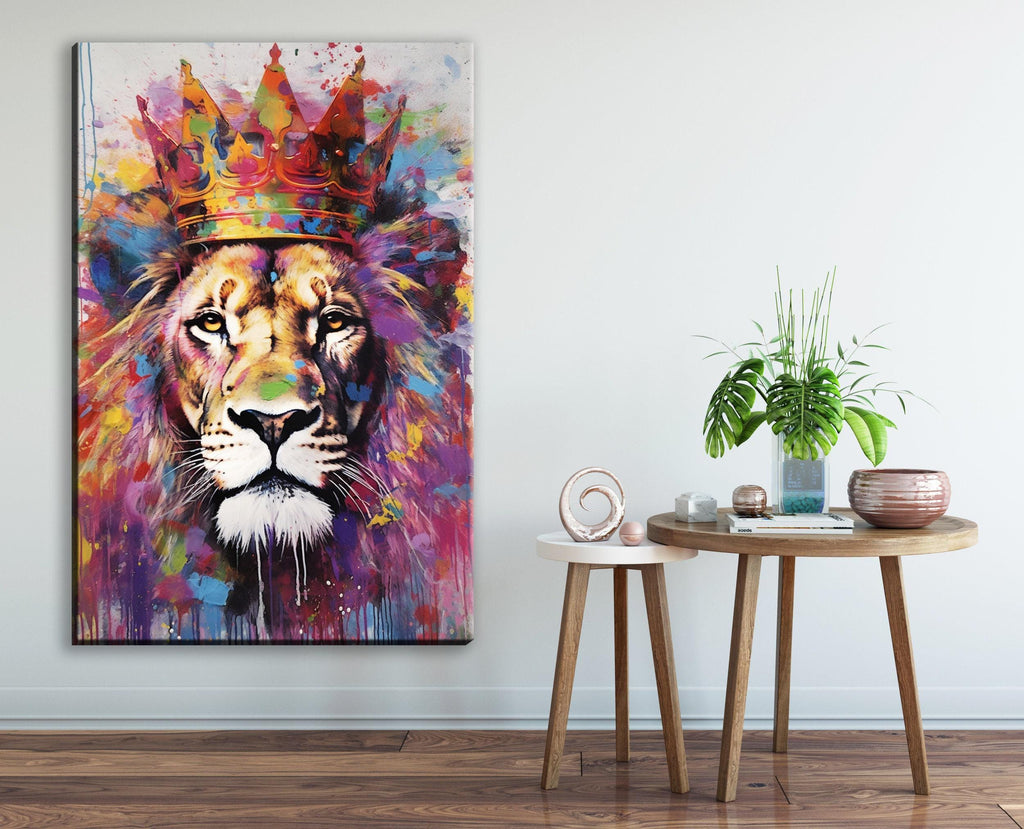 Lion Canvas Art – Large Watercolor Lion with Crown | Majestic Wildlife Wall Decor