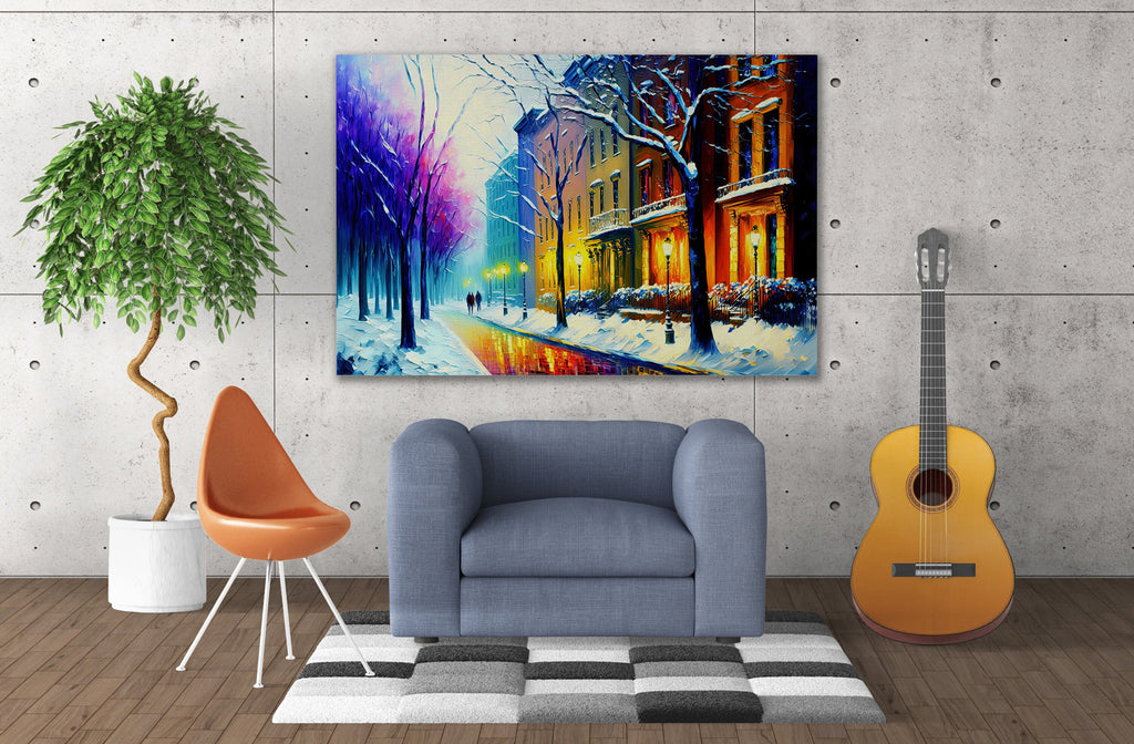 Cityscape Painting Print – Vibrant Winter Snow Artwork on Large Canvas Art