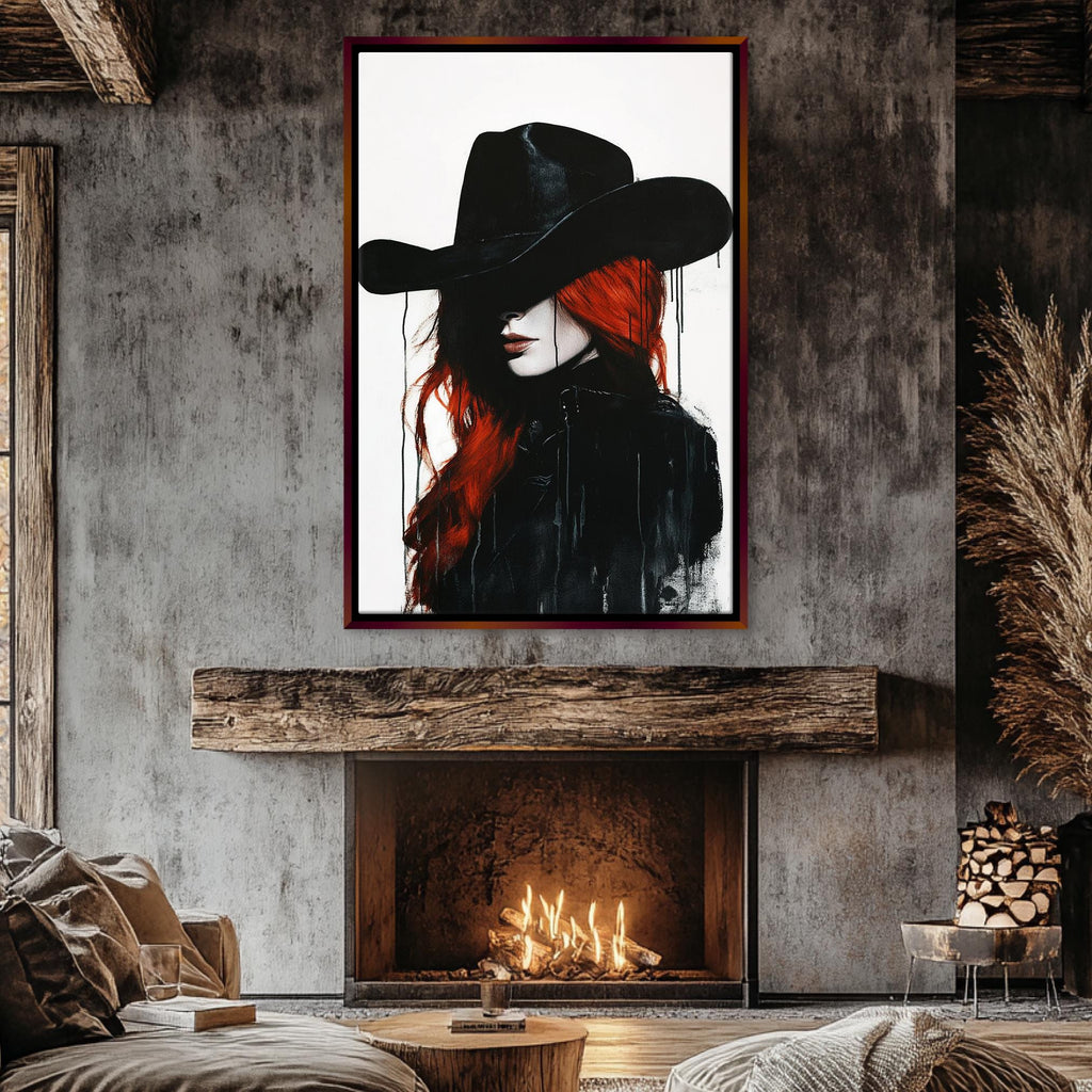 a picture of a woman with red hair wearing a cowboy hat