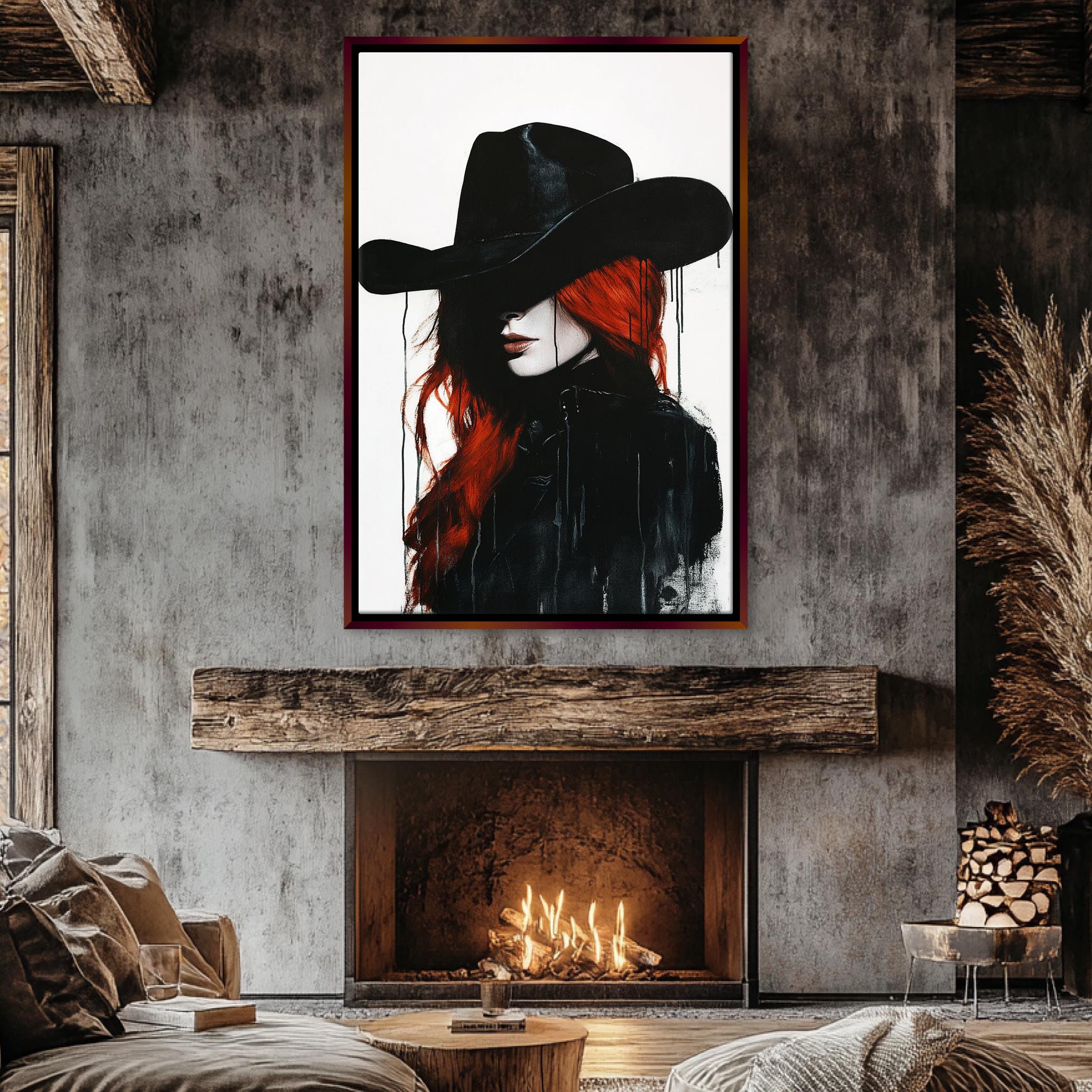 a picture of a woman with red hair wearing a cowboy hat