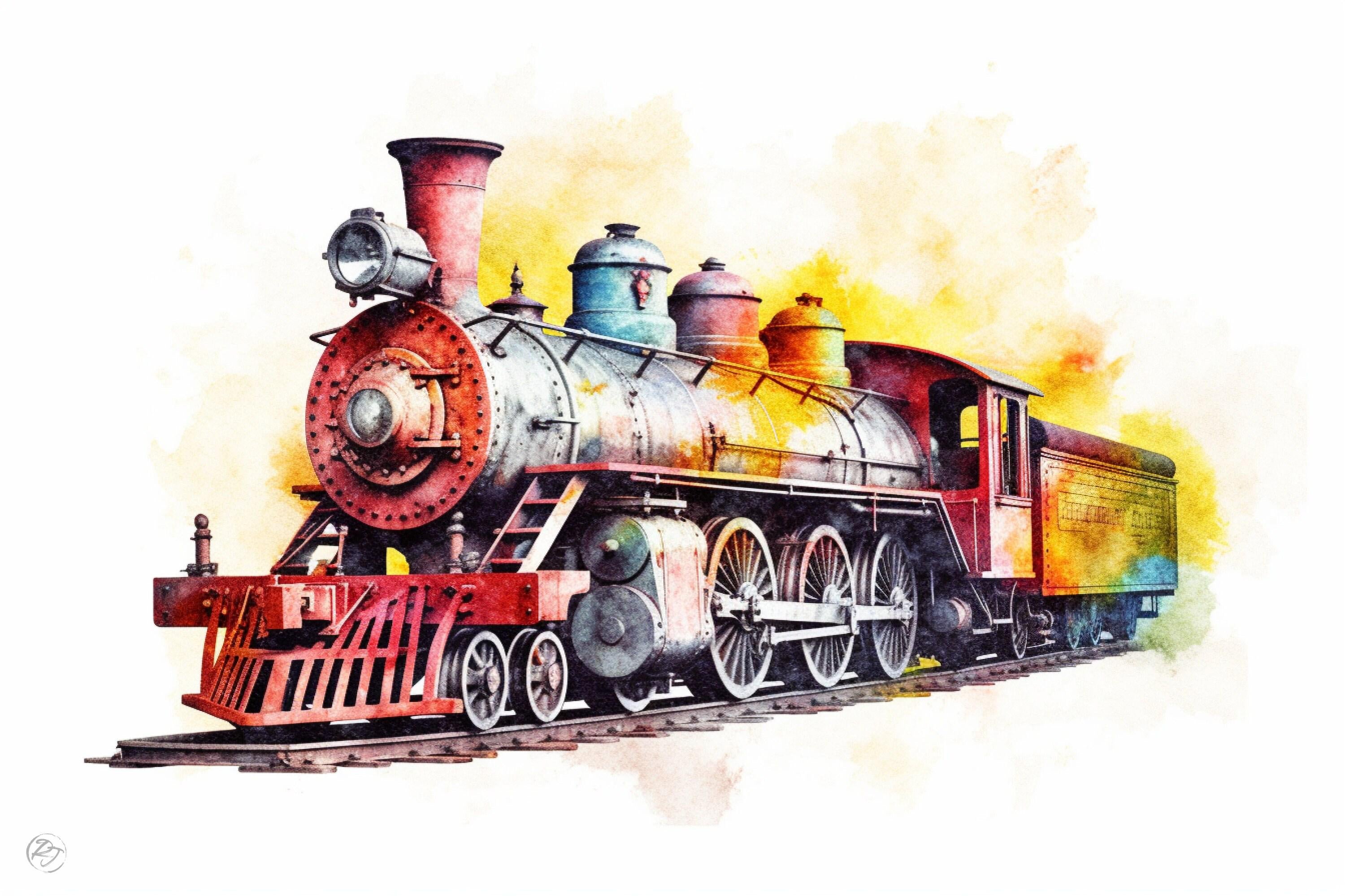 Train Travel Dreams: Watercolor Locomotive Painting, Giclee Print on Canvas, Artist Paper, Watercolor Paper, Available in Extra Large Sizes