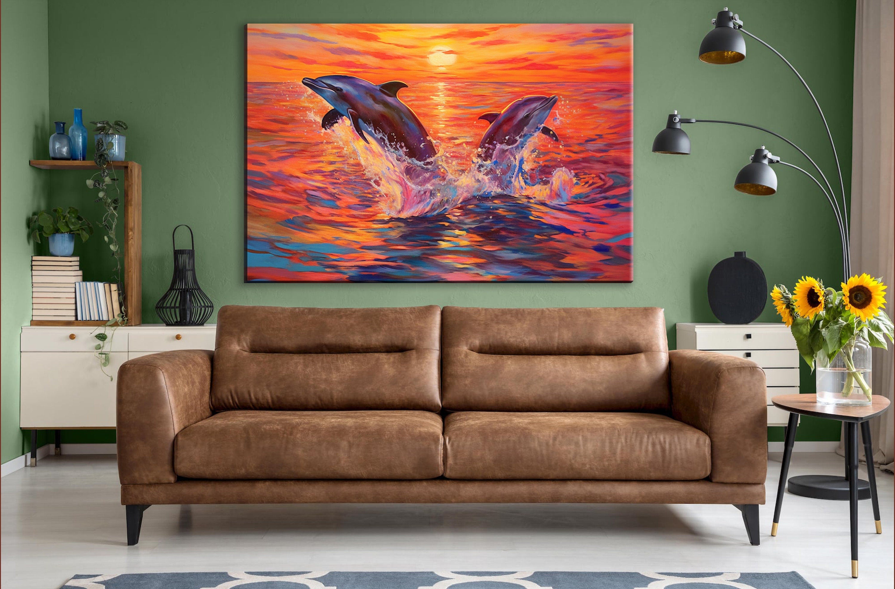 Dolphin Canvas Art – Large Graceful Dolphin Painting on Gallery Ready Canvas Print