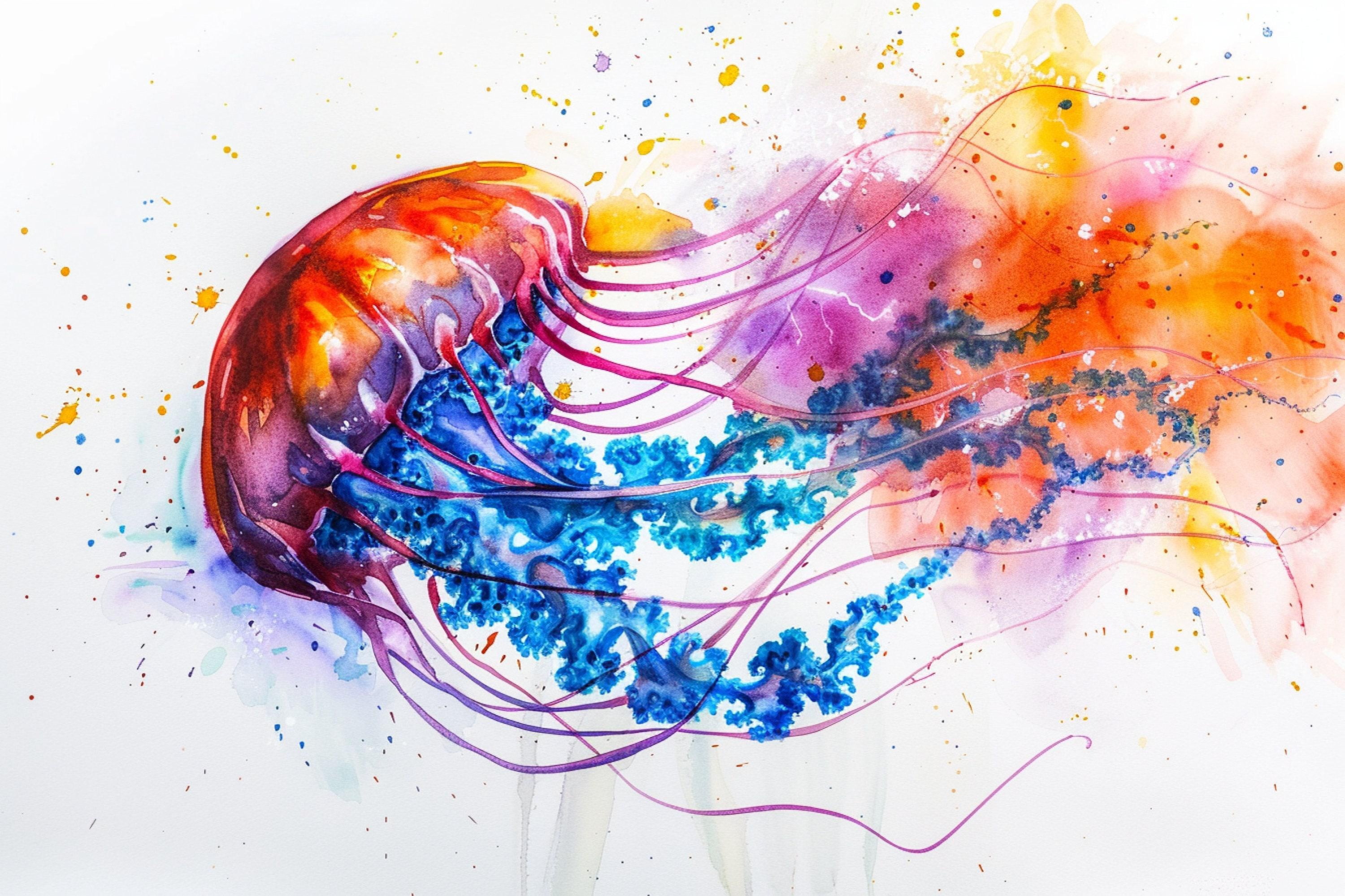 Jellyfish Watercolor Painting Wall Art, Giclee Print on Canvas, Artist Paper, Watercolor Paper, Available in Extra Large Sizes