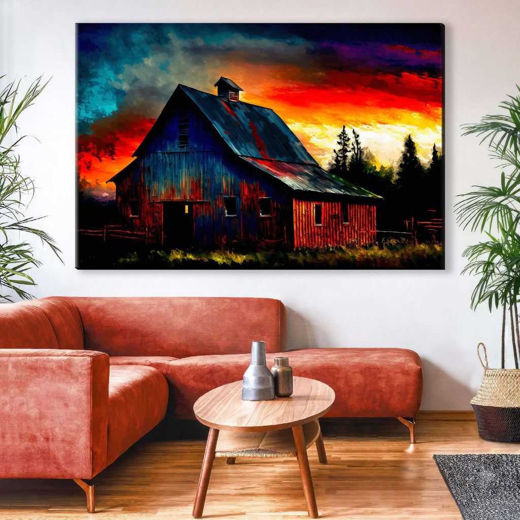 Farmhouse Canvas Art - Vintage Farm Landscape Art | Large Canvas Print With Wood Frame