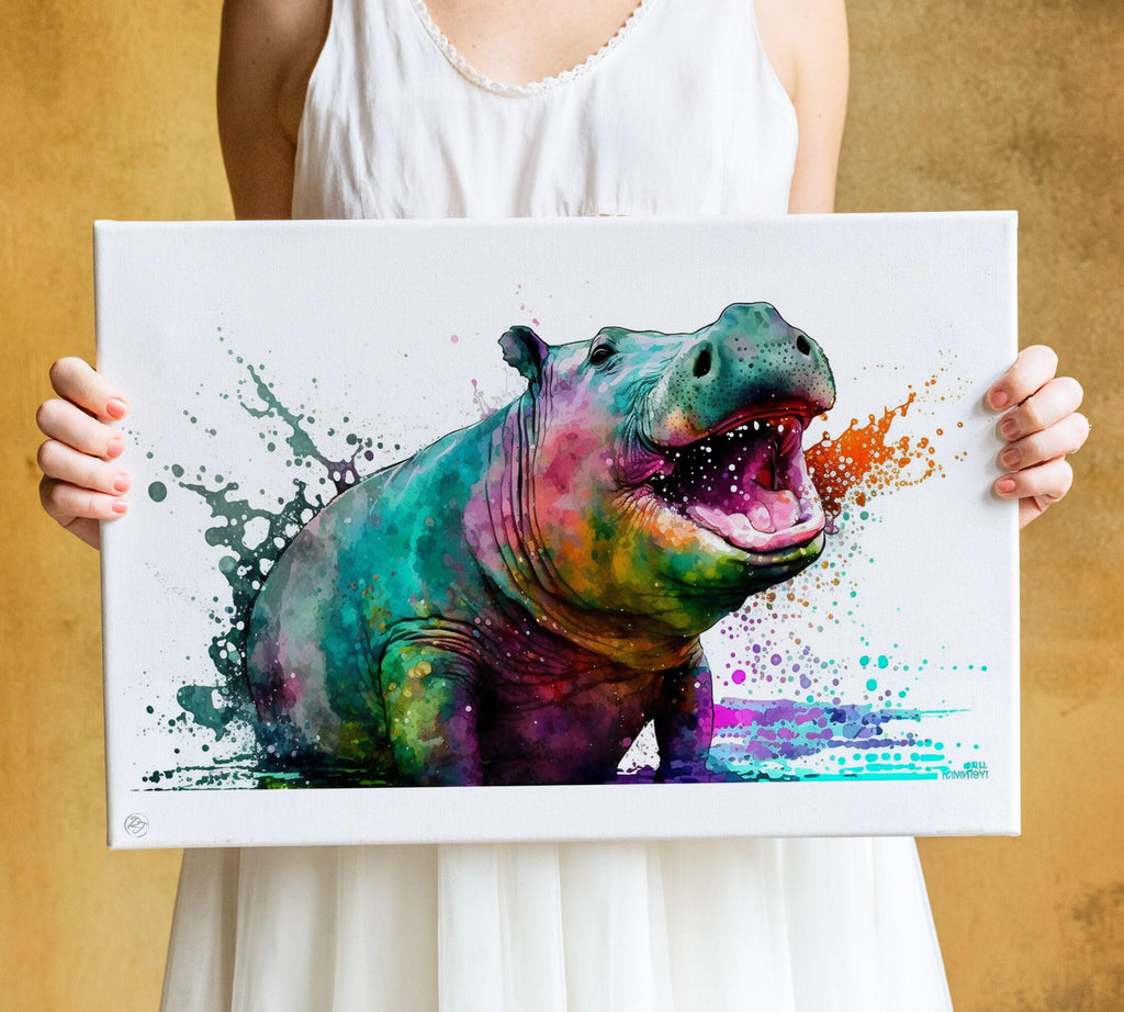 Hippo Serenity: Watercolor Hippopotamus Art Print, Giclee Print on Canvas, Artist Paper, Watercolor Paper, Available in Extra Large Sizes