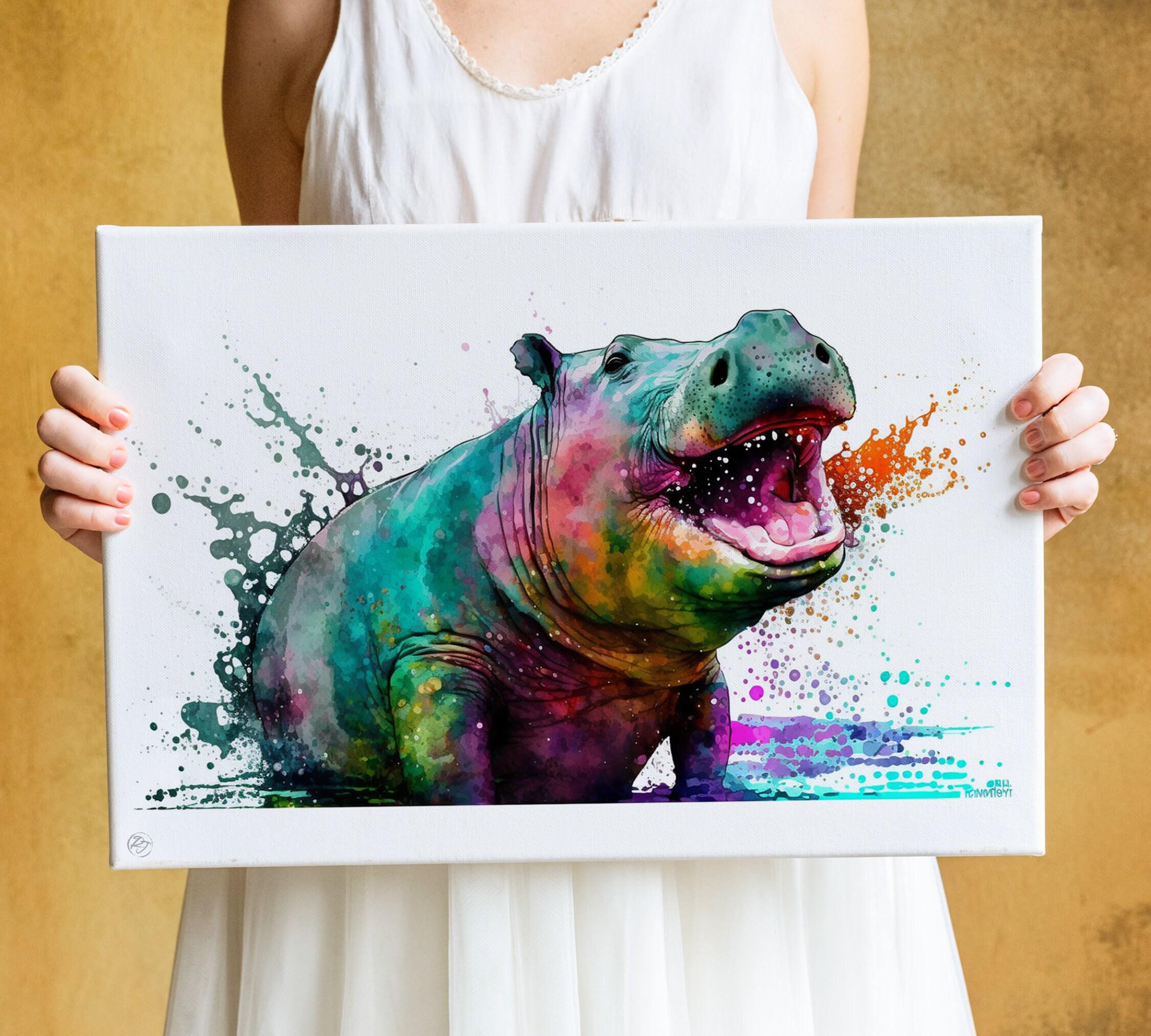 Hippo Serenity: Watercolor Hippopotamus Art Print, Giclee Print on Canvas, Artist Paper, Watercolor Paper, Available in Extra Large Sizes