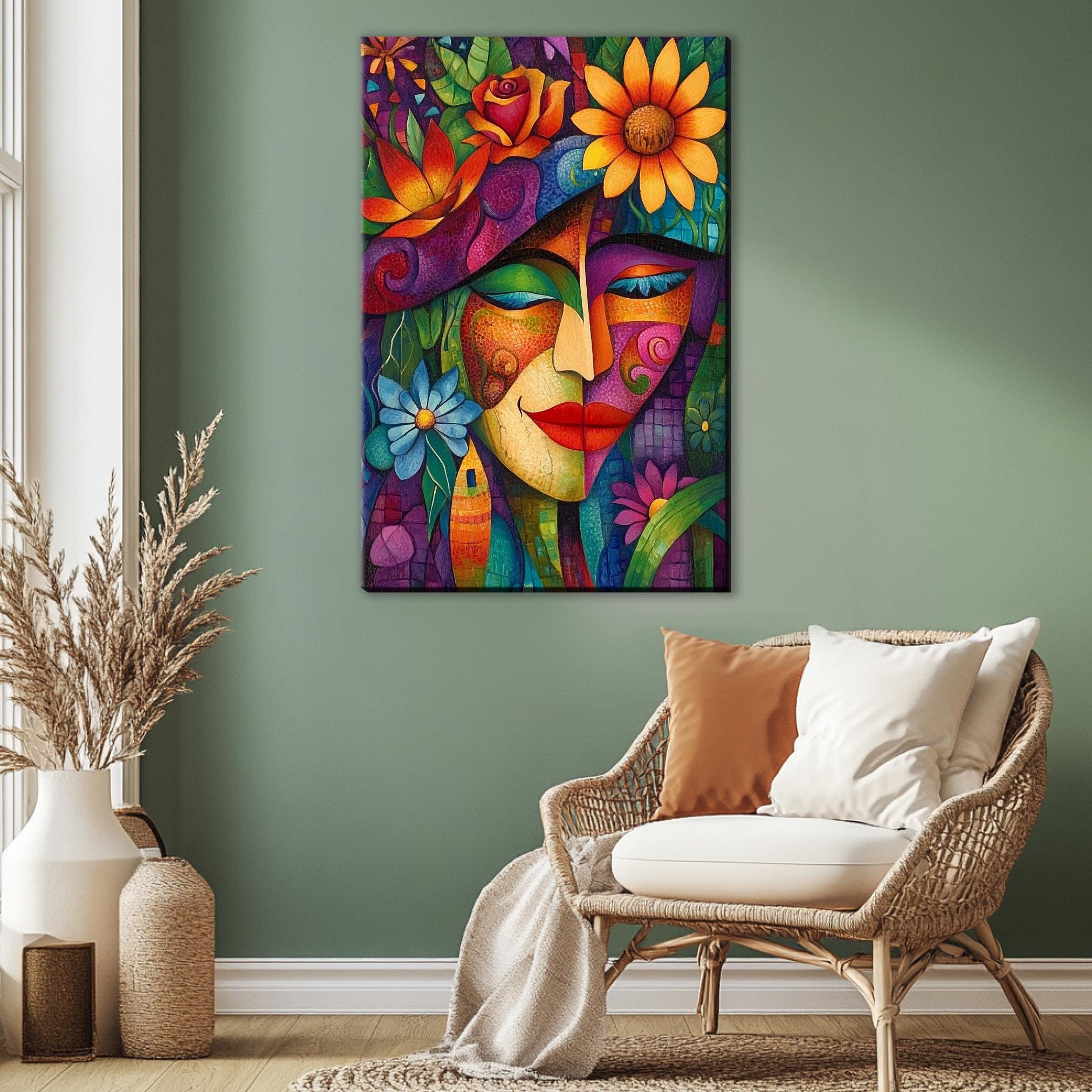 a painting of a woman's face on a green wall
