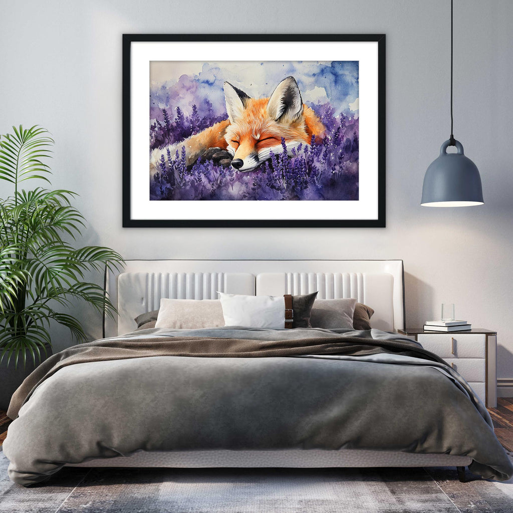 a bedroom with a large bed, a framed painting of a sleeping fox in a field of purple flowers, and a potted plant on the left side of the room.