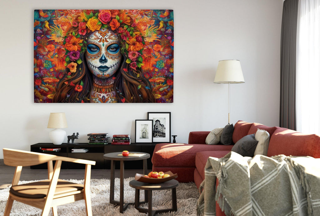 a large, colorful painting of a woman's face with intricate floral and geometric patterns surrounding her, hanging on a wall in a living room setting.