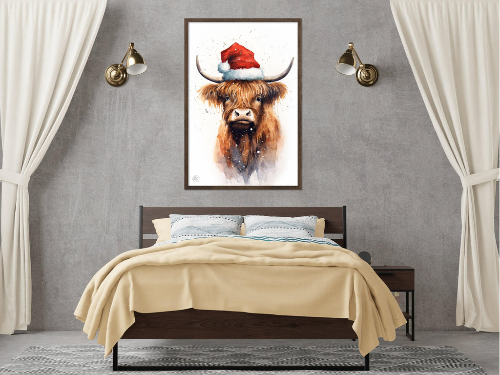 Festive Highland Cow in Santa Hat Watercolor Art, Giclee Print on Canvas, Artist Paper, Watercolor Paper, Available in Extra Large Sizes