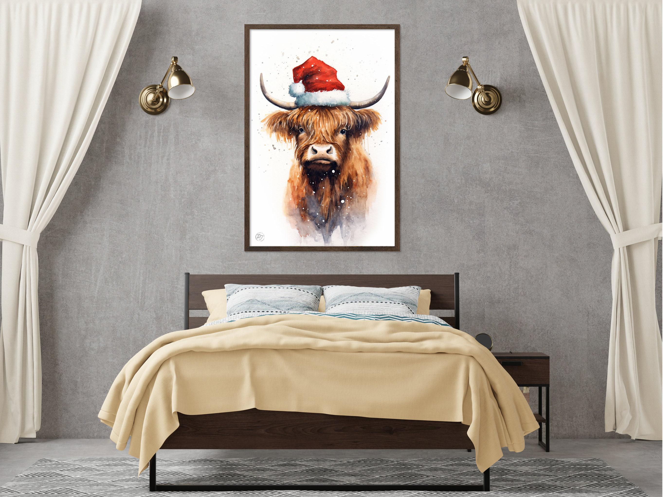 Festive Highland Cow in Santa Hat Watercolor Art, Giclee Print on Canvas, Artist Paper, Watercolor Paper, Available in Extra Large Sizes