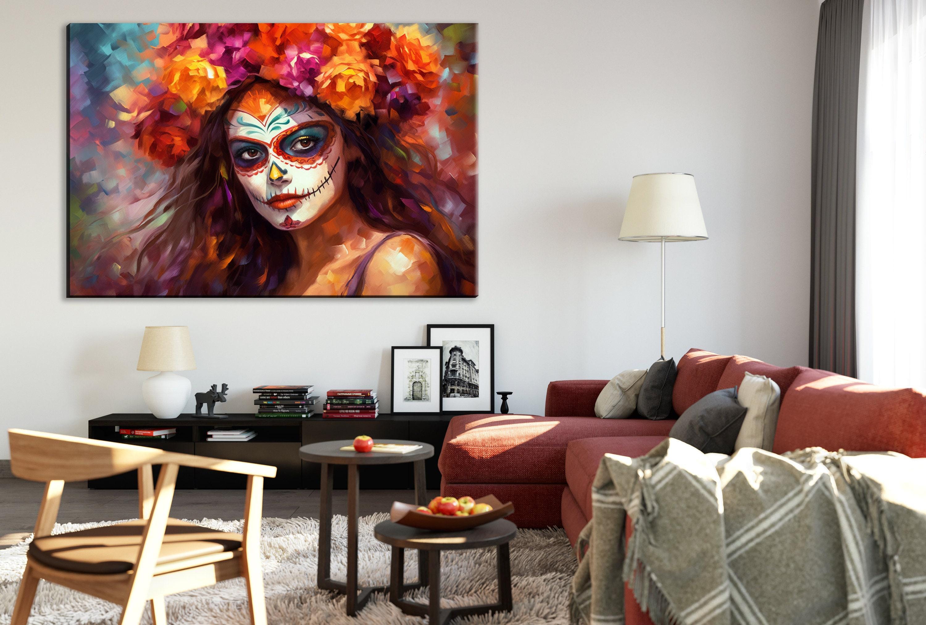 Day of the Dead Art - Mexican Woman Sugar Skull Canvas | Gallery Wrapped Large Floral Skull Decor