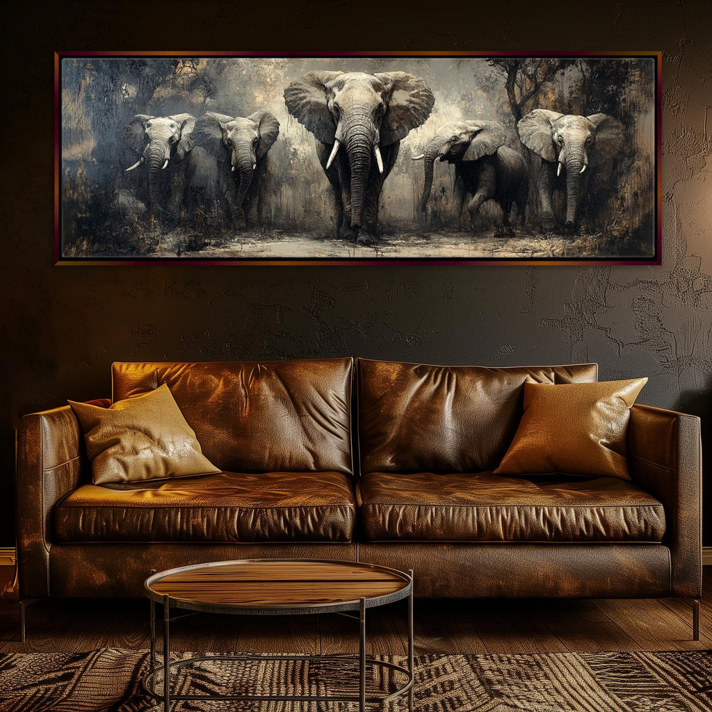 a living room with a couch and a painting on the wall