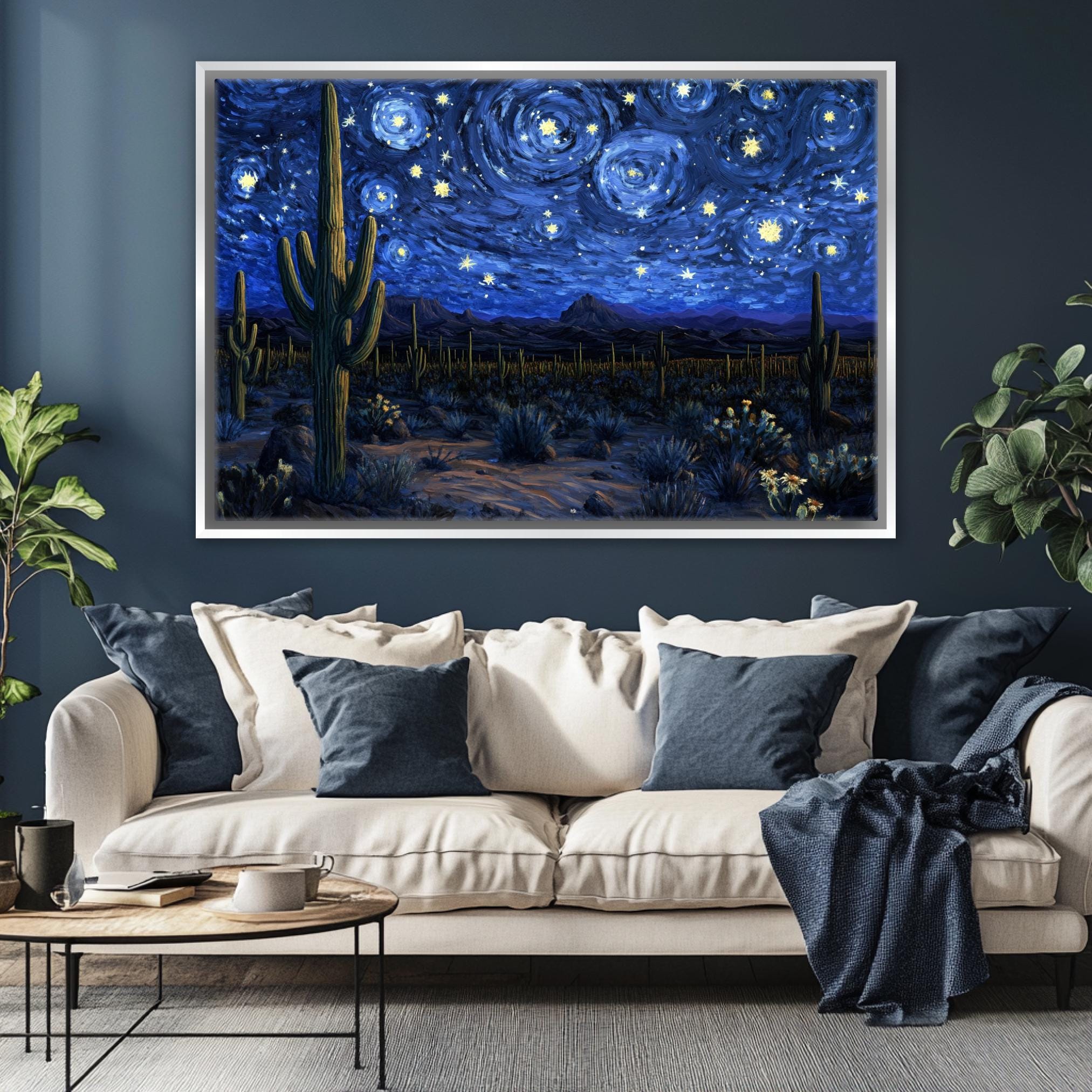 a living room with a couch and a painting on the wall