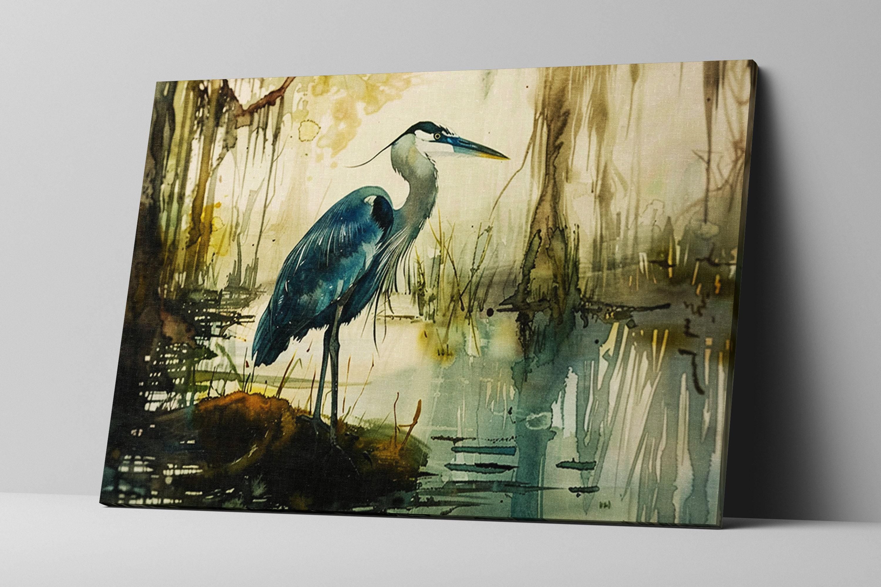 Blue Heron Wall Art – Elegant Alcohol Ink Canvas | Large Gallery Wrapped Print