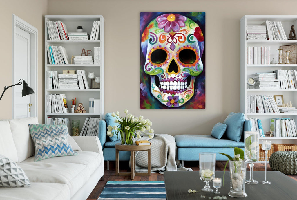 Sugar Skull Wall Art – Colorful Day of the Dead Art on Large Giclee Canvas Print