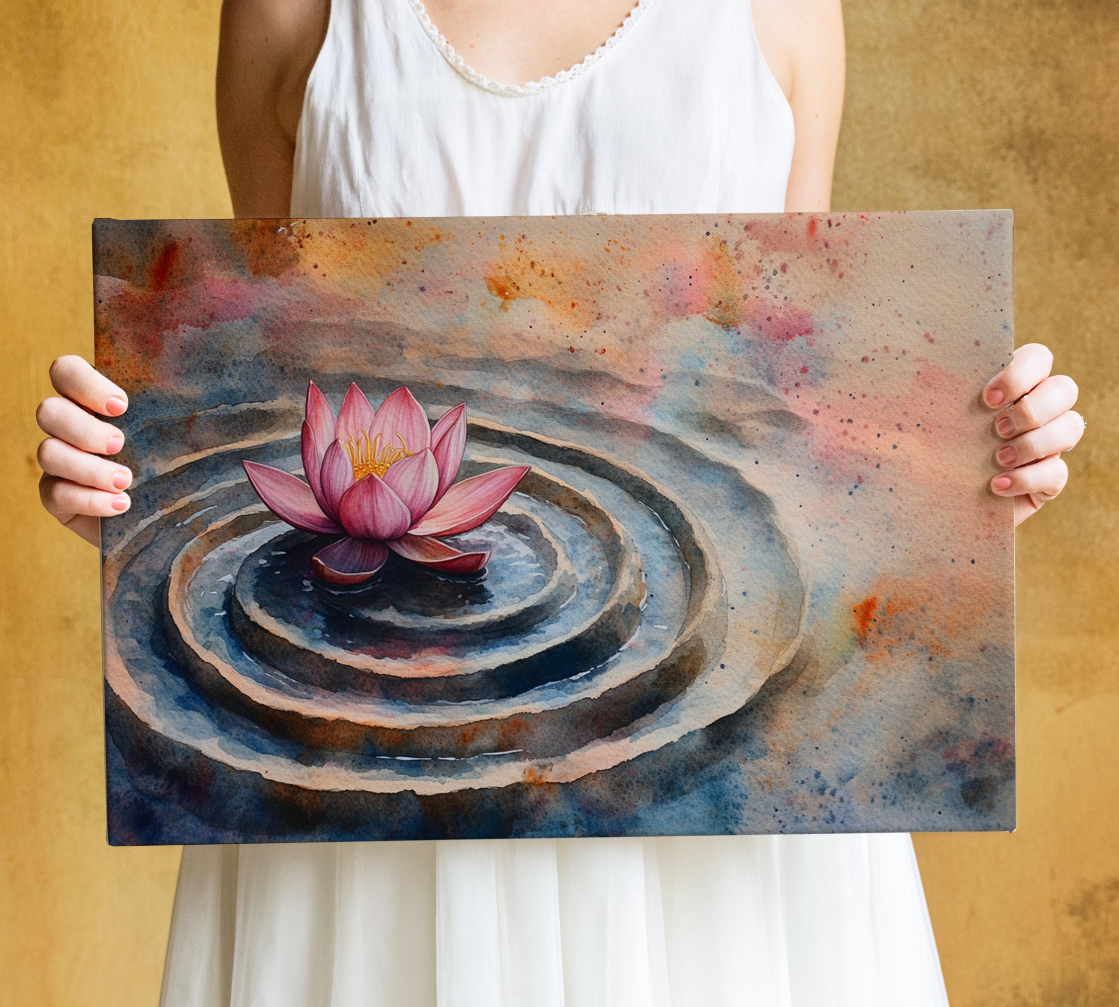 A woman holds a framed painting of a pink lotus flower in a rippled pond, with the lotus flower in the center of the circular ripples.