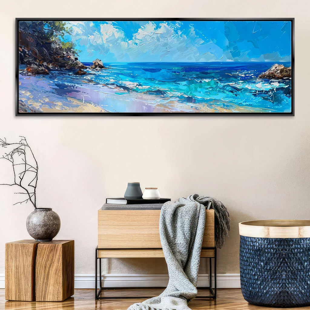 Coastal Wall Art - Large Framed Canvas With Blue Ocean Panorama, Ready to Hang