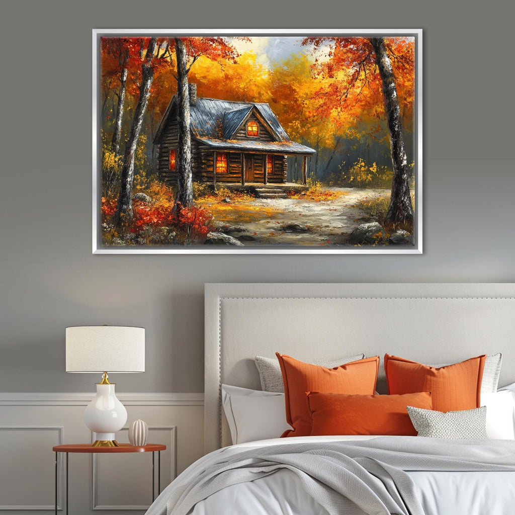 a cozy cabin nestled in a picturesque autumn landscape, surrounded by vibrant orange and red foliage.